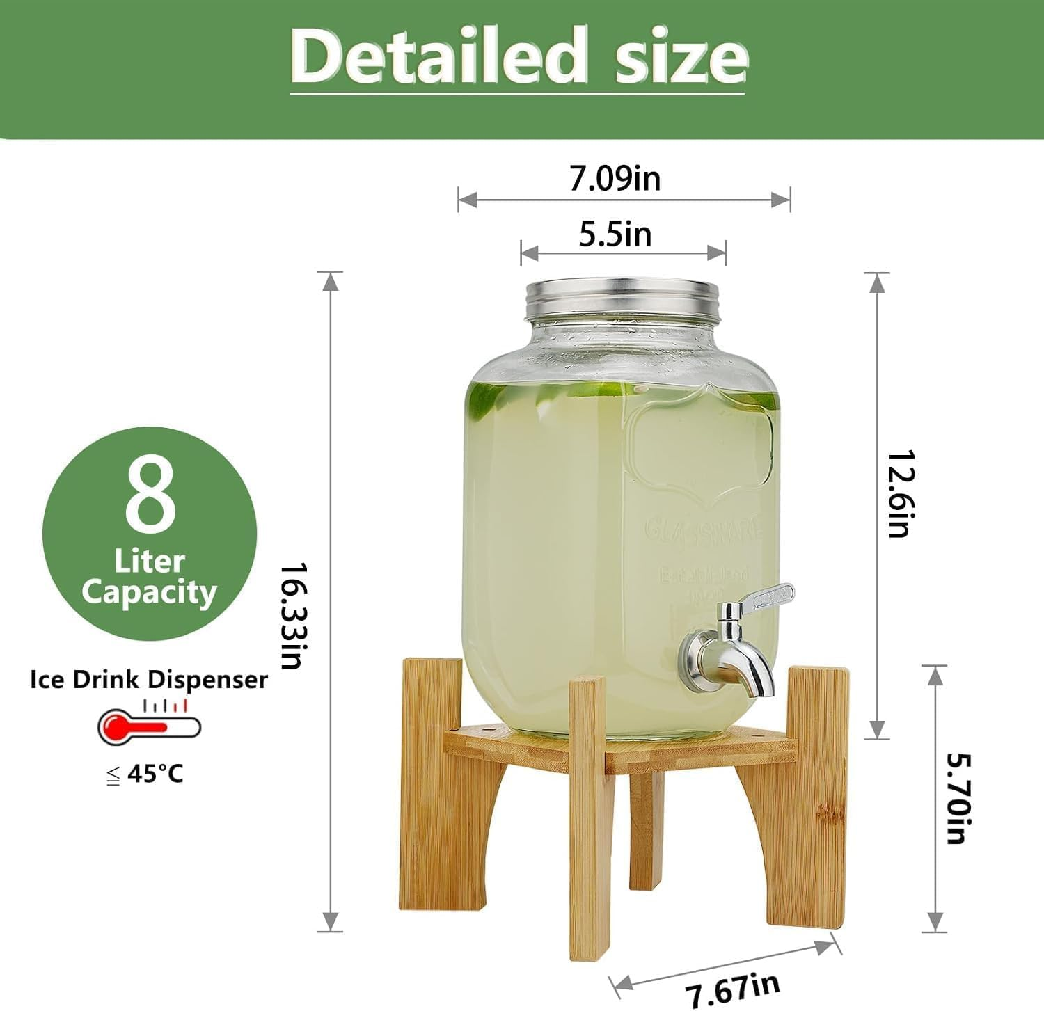 8L Glass Drink Dispenser with Cover Wide Mouth Iced Drink Jar with Tap Iron Holder, for Juice Water Homemade Tea Drinks (8L Glass with Bamboo Stand) image number 2