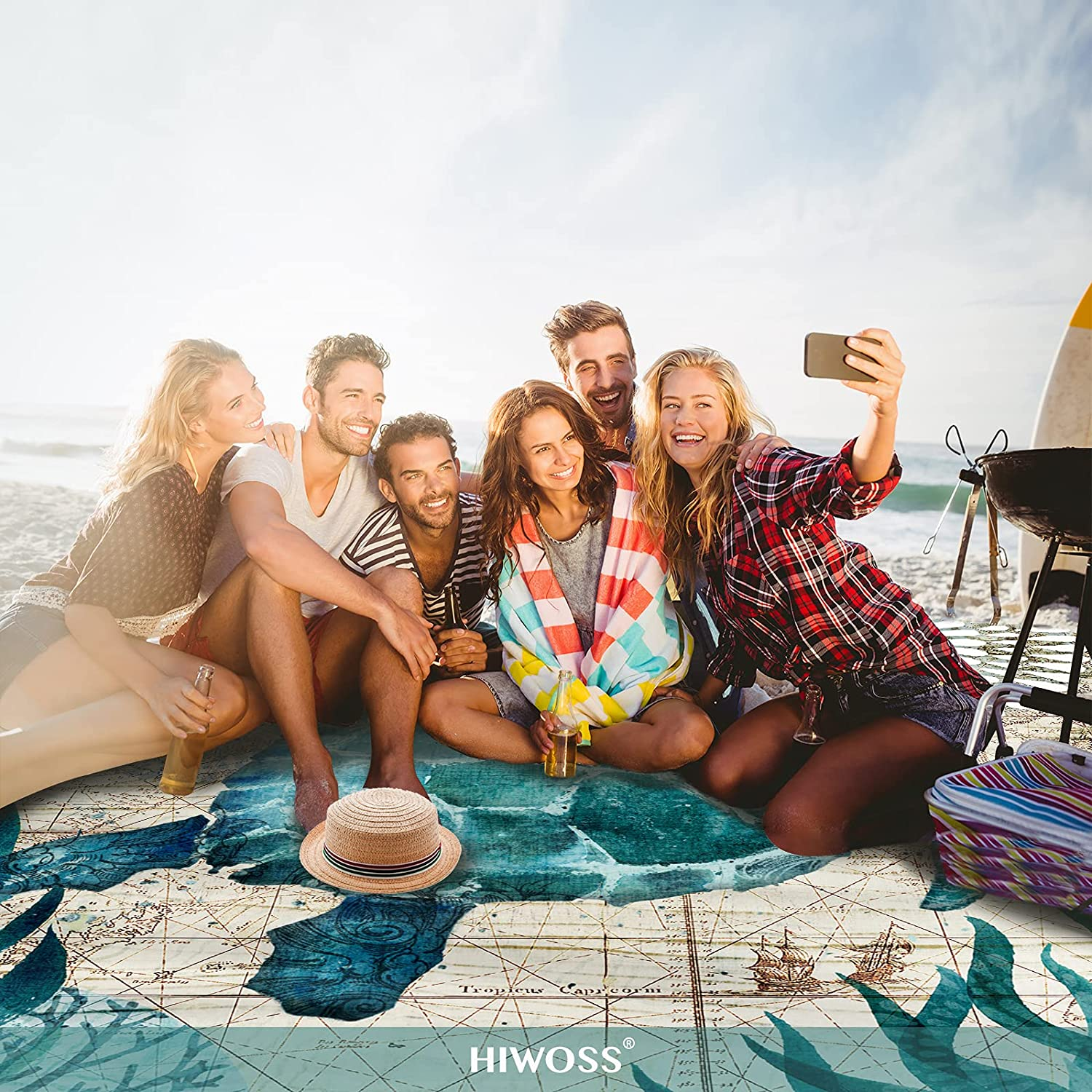 Beach Blanket Waterproof Sandproof Oversized 95&rdquo;X 80&rdquo;,Sand Free Beach Mat with Corner Pockets,Portable Mesh Bag for Beach Festival,Picnic,Travel and Outdoor Camping (Seaturtle) image number 3