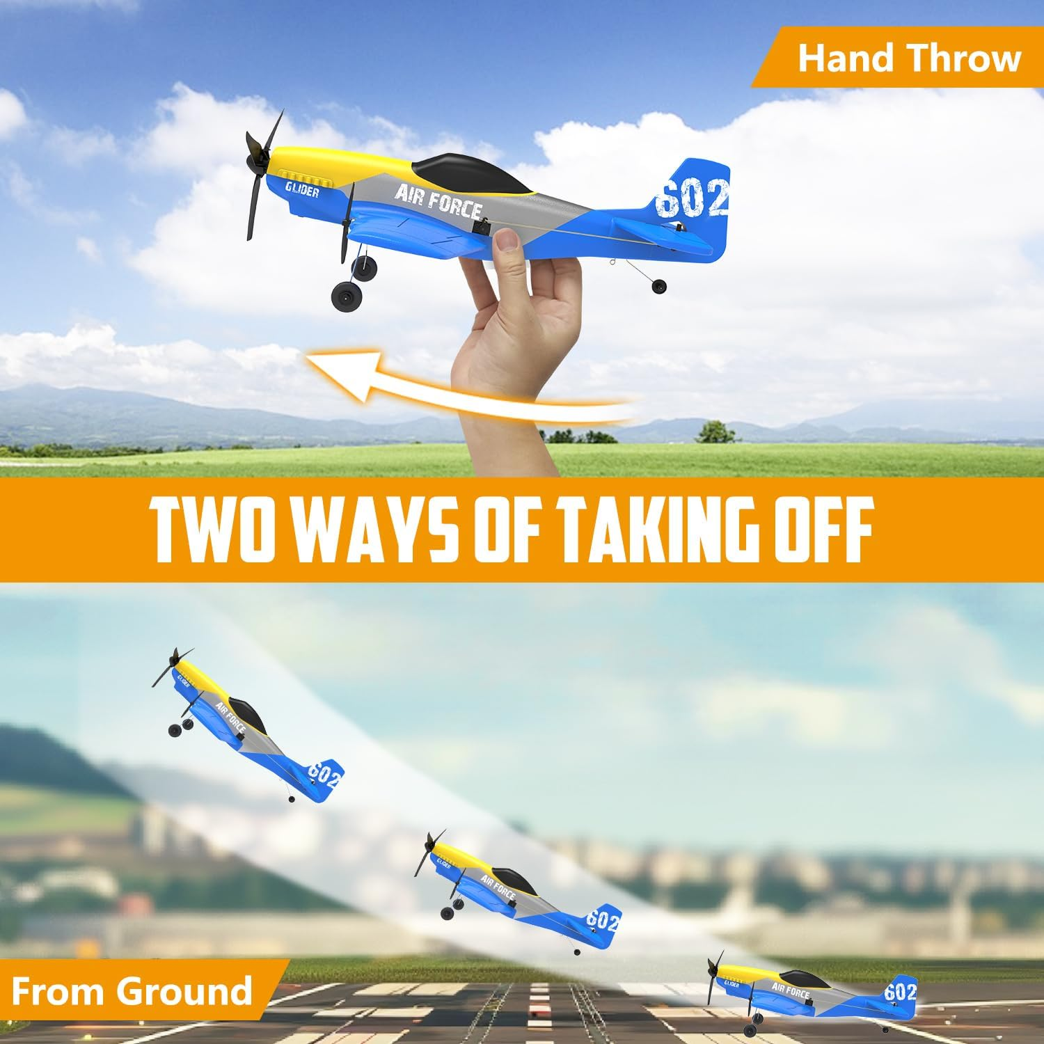 HAWK'S WORK 3 Channel RC Plane P-51D Mustang, Remote Control Airplane Ready to Fly, 2.4Ghz 6-Axis Gyro Stabilizer, Easy to Fly for Kids & Beginners - 3Ch-Blue image number 2