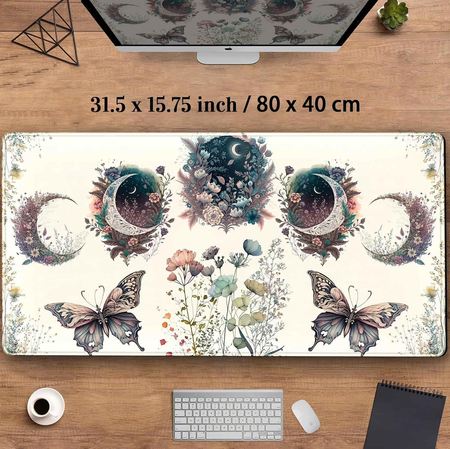 DCJJM Beige Flowers Desk Mat Mousepad Cute Boho Plants Large Extended Gaming Mouse Pad XXL, Aesthetics Floar Butterfly Moon Laptop Keyboard and for Office Gamer Decor, 31.5X15.75X0.12 in (DMXC08) - Beige Flowers image number 4