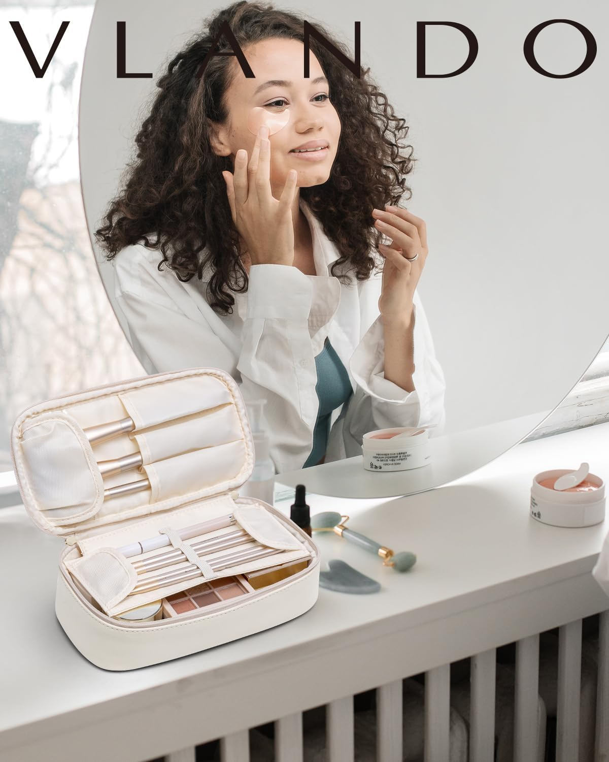 Vlando Travel Makeup Bag, Small Travel Beauty Bag Cosmetic Bag for Women Portable Makeup Organizer Case Bag Makeup Brush Organizer Pouch-White, Pillow White-Large image number 1