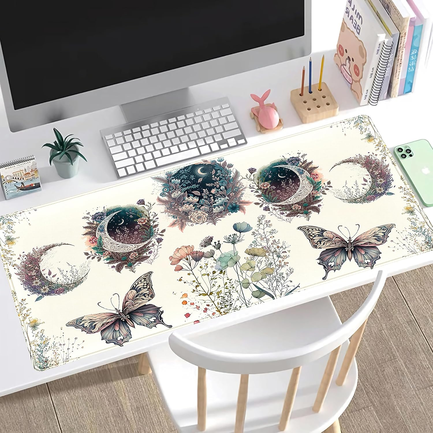 DCJJM Beige Flowers Desk Mat Mousepad Cute Boho Plants Large Extended Gaming Mouse Pad XXL, Aesthetics Floar Butterfly Moon Laptop Keyboard and for Office Gamer Decor, 31.5X15.75X0.12 in (DMXC08)