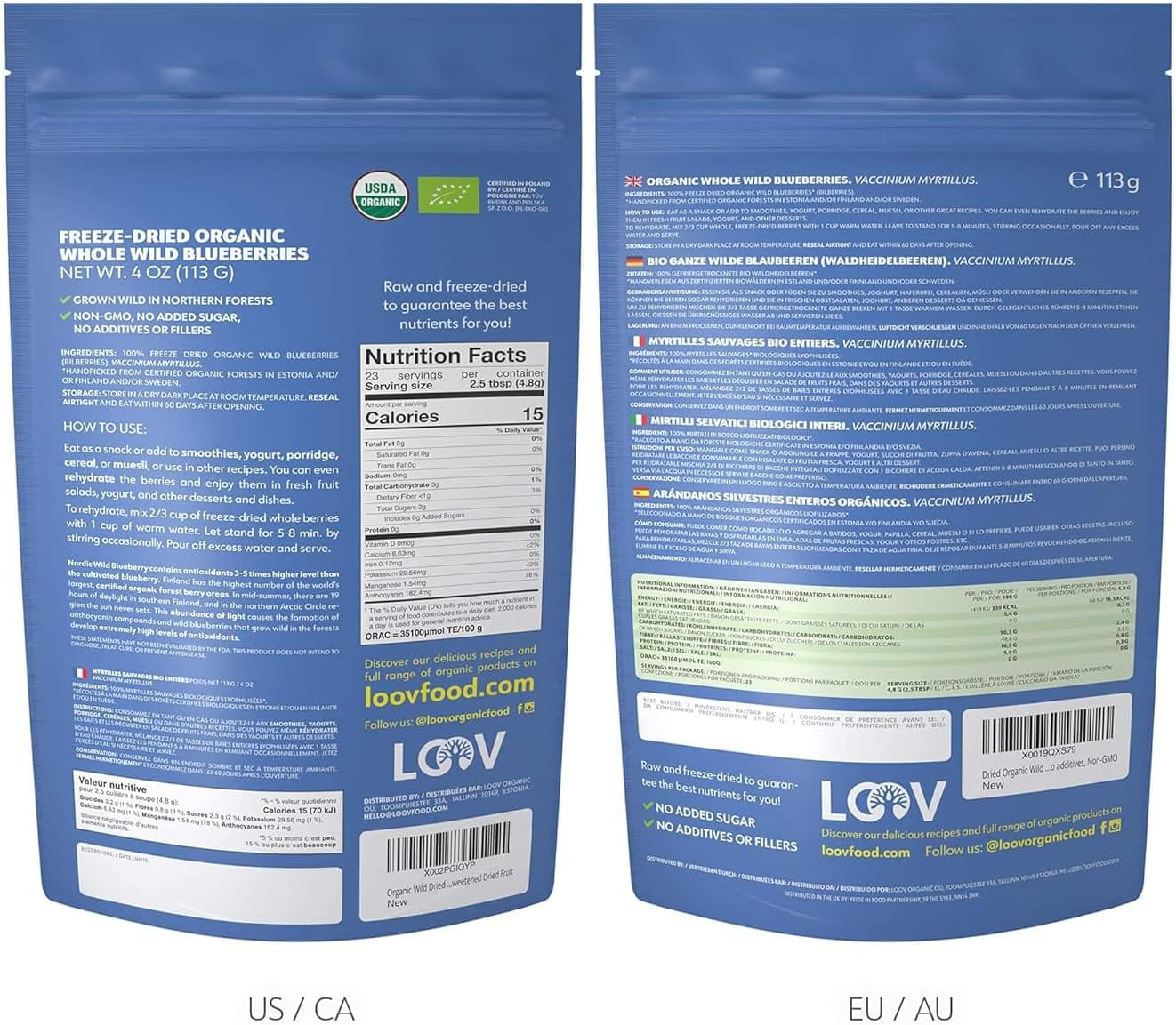 LOOV Wild Organic Dried Blueberries, No Added Sugar, No Added Oil, 4 Ounces, Freeze Dried Blueberries Organic from Nordic Forests, 100% Whole Fruit Wild Blueberries, Non-Gmo, Unsweetened Dried Fruit