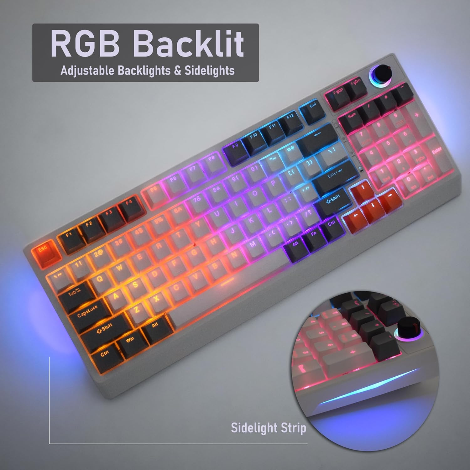 K41 98 Keys Mechanical Keyboard with Knob, Gaming Keyboard, 2.4Ghz/Bluetooth/Type-C, 4000Mah Battery, QWERTZ RGB Compatible with Windows/Mac (Red Switch, White & Gray) image number 2