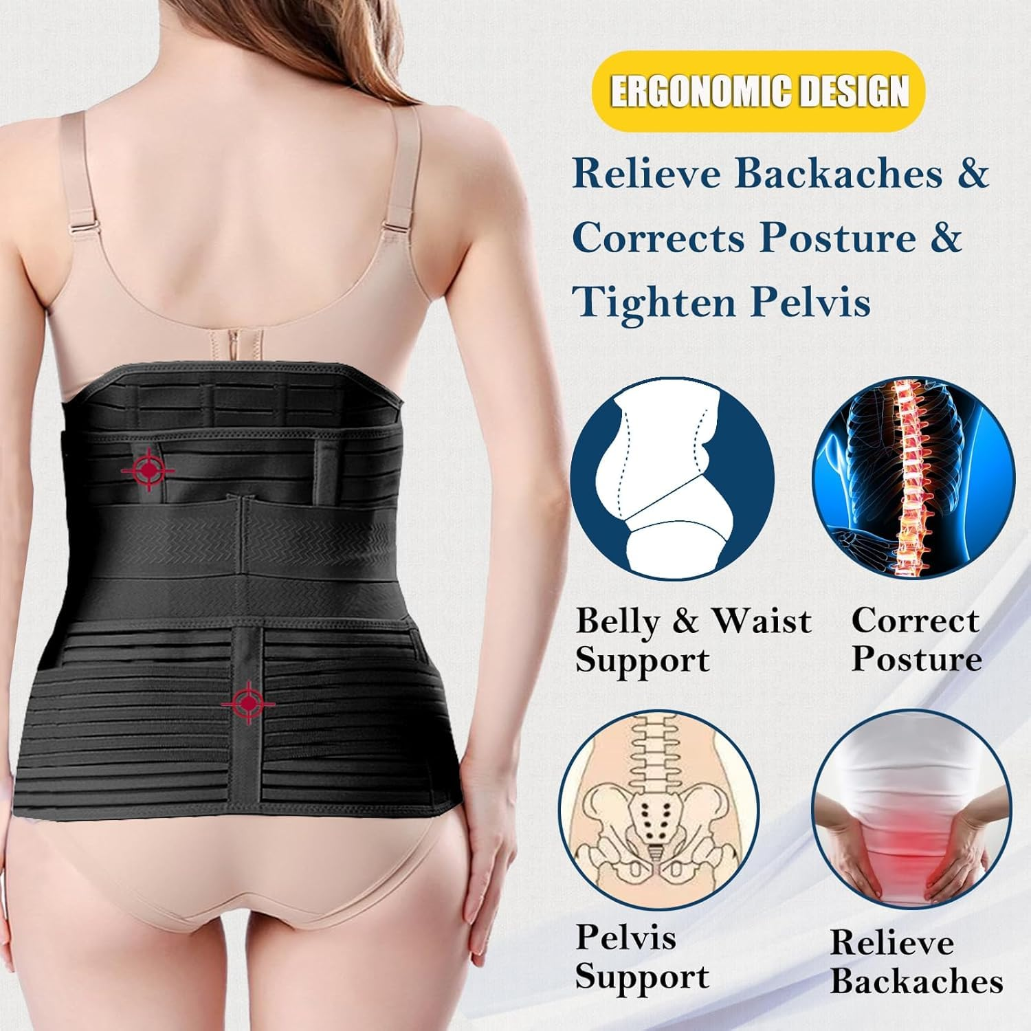 3 in 1 Postpartum Belly Wrap - Recovery Belly/Waist/Pelvis Belt Black Postpartum Belly Band (One Size Black) image number 3