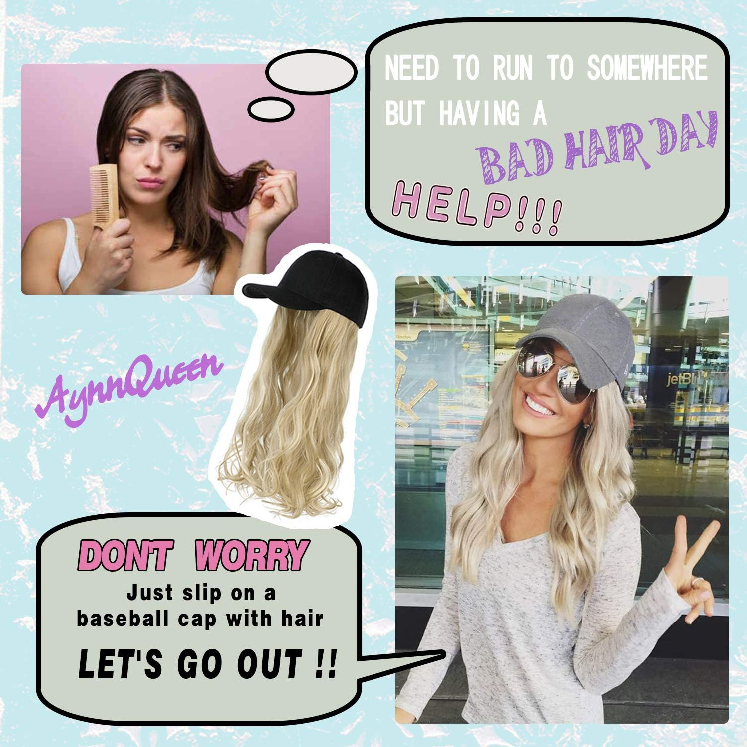 Aynnqueen Baseball Cap with Hair Extensions for Women Adjustable Hat with Synthetic Wig Attached 24Inch Long Wavy Hair Black Baseball Cap image number 1