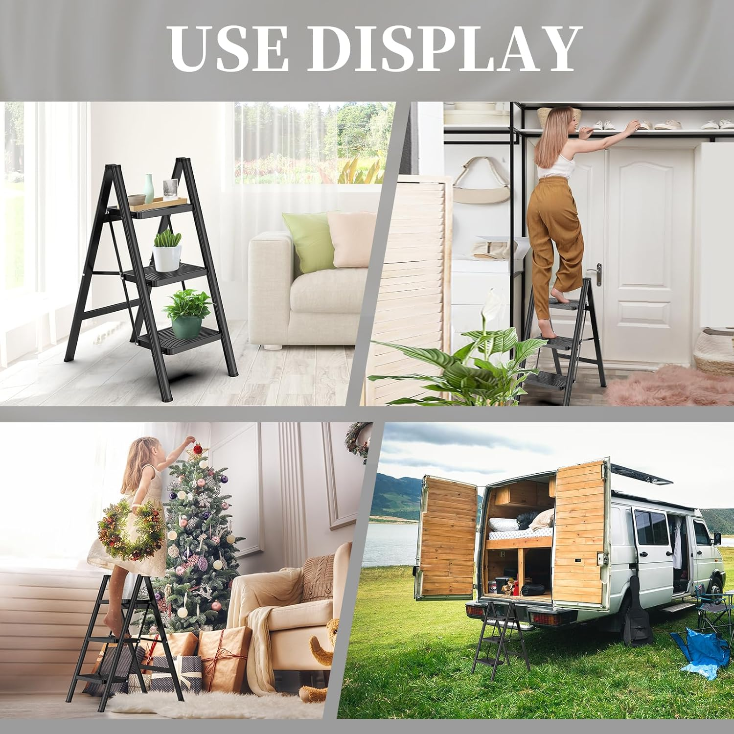 Hbtower Step Ladder 3 Step Folding, Small Step Stool for Adults, Closet Step Stool Lightweight Kitchen Ladder 3 Step Ladder with Anti-Slip Wide Pedals, Black image number 2