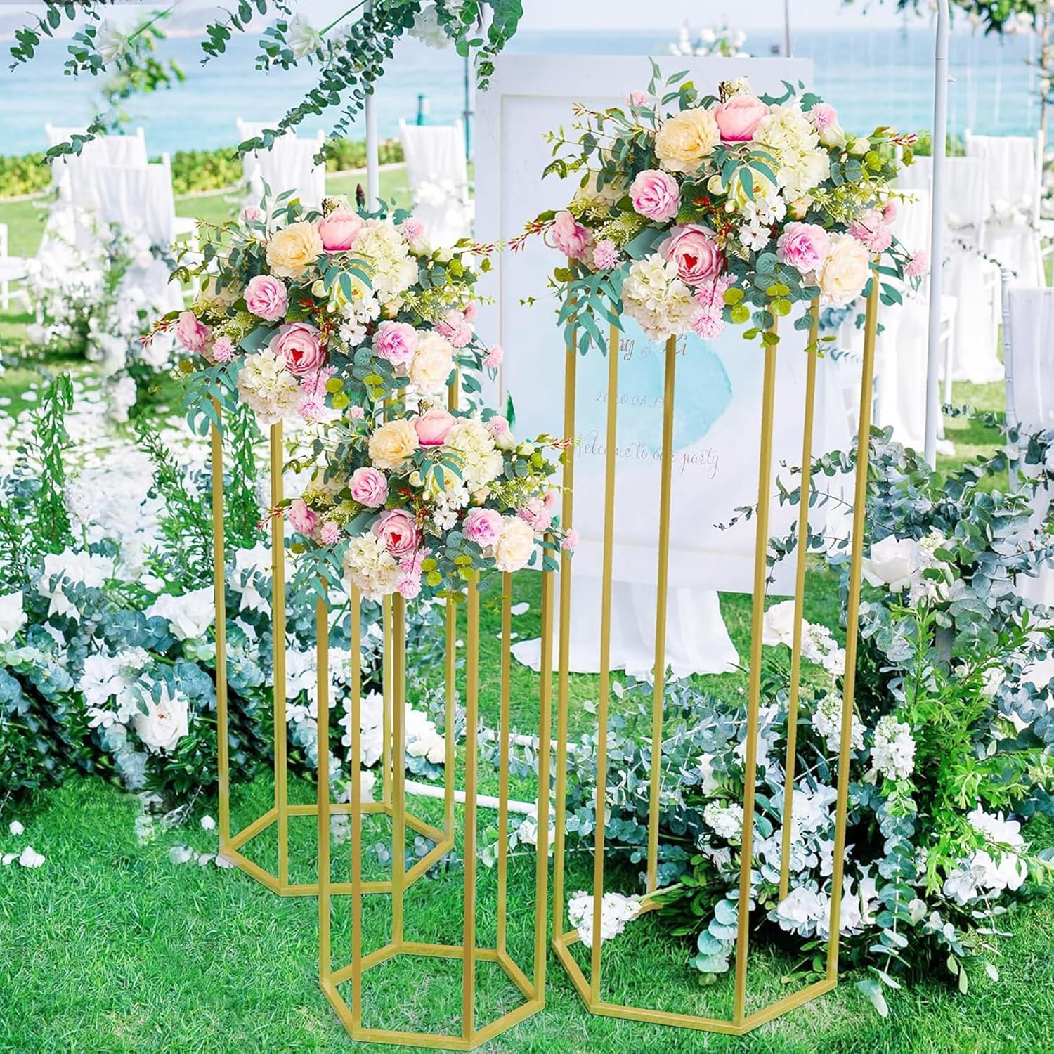 Hexagon Pedestal Stand for Party, round Cilindros Para Flower Plant Fiestas, Metal Display Cylinder Cake Tables Stands for Parties Wedding Birthday Living Room Patio Decor, Gold Set of 3 image number 6