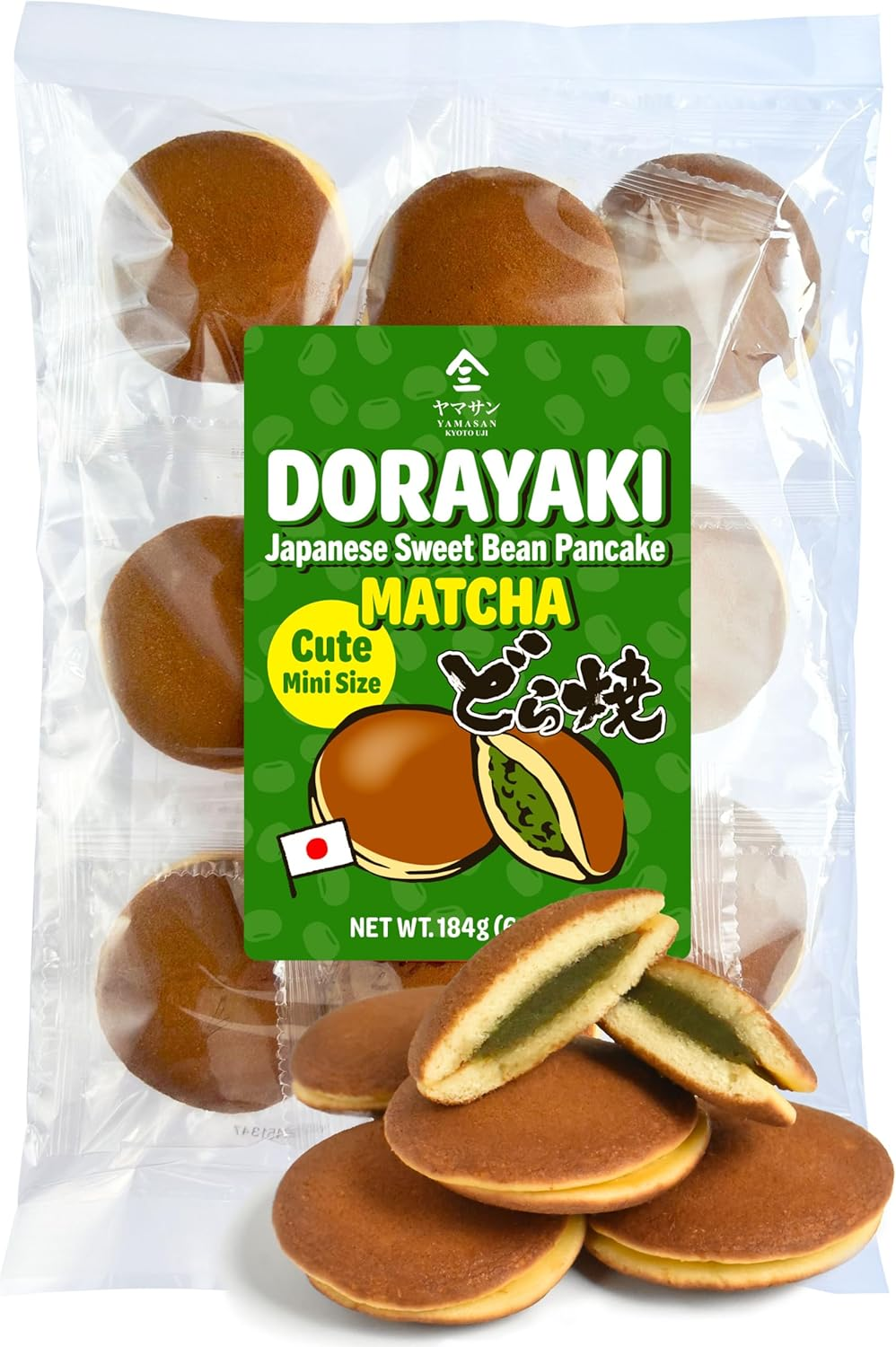 YAMASAN KYOTO UJI Dorayaki Japanese Matcha Sweet Bean Paste Pancake, Traditional Japanese Wagashi Sweets, Cute Mini Size, Matcha Candy, Individually Wrapped, Made in Japan (184G) image number 3