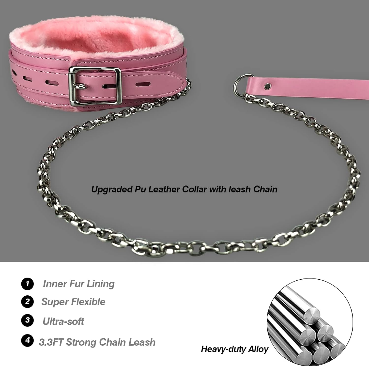 Gothic Leather Choker Collar, PU Leather Fur Lined Collars Necklace with Long and Durable Detachable Leash Chain Pet Collars, Pink - Black,Purple image number 3
