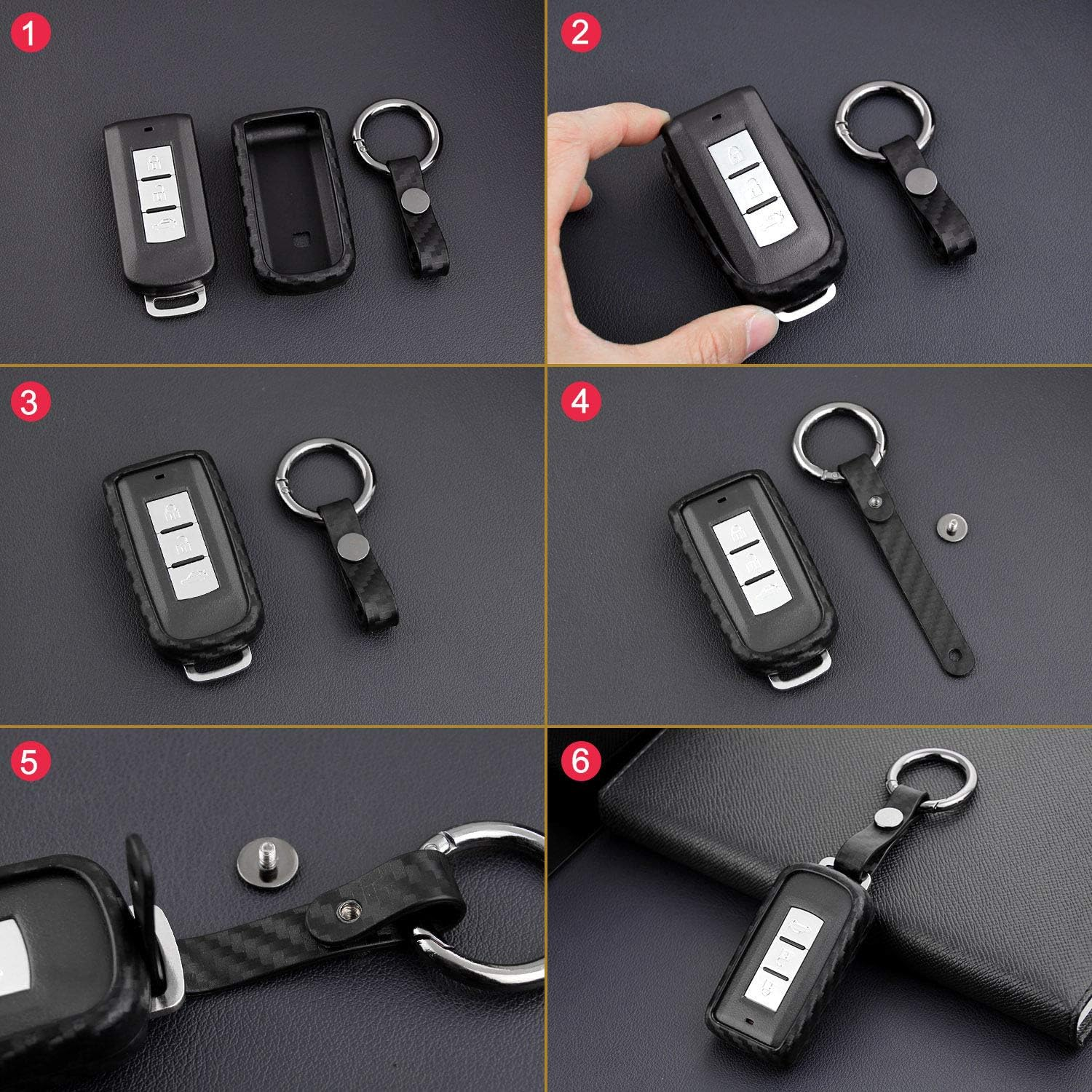 M.Jvisun Soft Silicone Rubber Carbon Fiber Texture Case Key Fob Cover for Mitsubishi ASX Eclipse Cross Fortis Galant Lancer EVO Evolution Mirage Outlander RVR Car Key Shell - Black - round Keychain image number 6