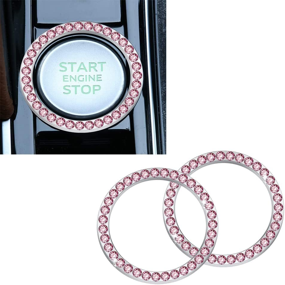 4PCS Sets Pink Bling Car Cup Holder Coasters for Car & Shiny Pink Push to Start Button Cover Key Ignition Ring Universal Auto Cute Pink Car Accessories Interior Decor for Women image number 6