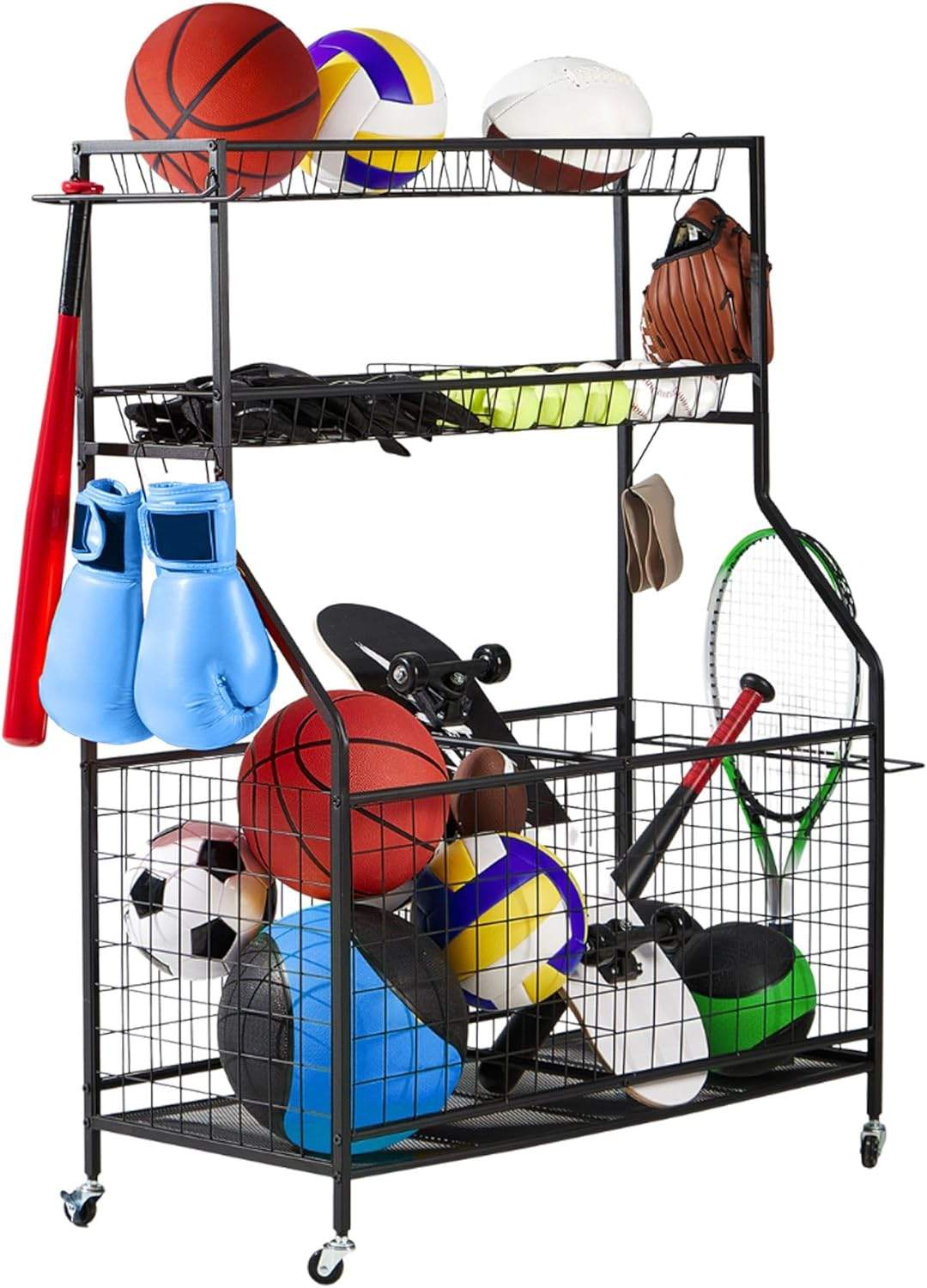 LUGO Heavy-Duty Garage Sports Equipment Organizer with Wheels, Indoor/Outdoor Ball Storage Rack with Baskets and Hooks, Ball Holder with Lockable Wheels, for Home, Garage, Kids Toys, Sports Gear