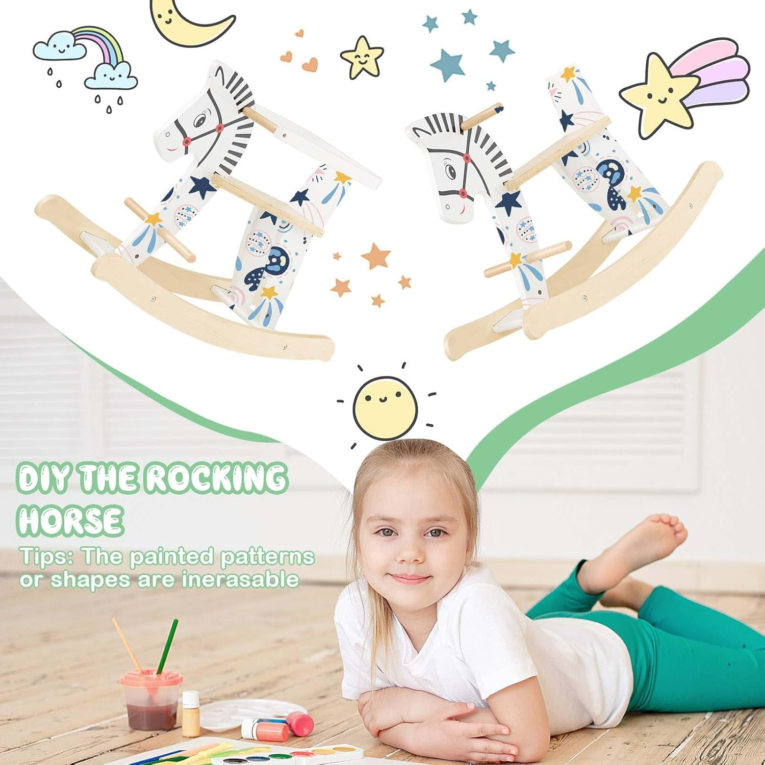 HONEY JOY Wooden Rocking Horse, Baby Ride on Toy W/Detachable Fences, 11-22 Degrees Gentle Rocking Motion, Comfy Seat & Backrest, Cute Patterns, Indoor Animal Rocker for Kids over 3 Years Old, White image number 4