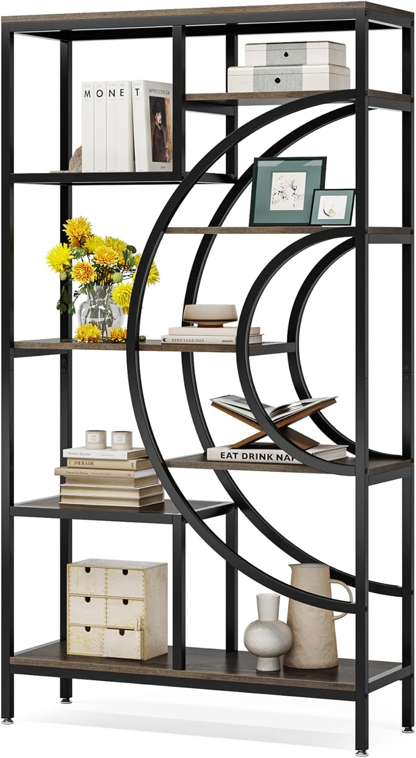 Tribesigns Geometric Bookshelf, Industrial 8-Tiers Bookshelves, Rustic Etagere Bookcase with Metal Frame, Tall Freestanding Open Storage Shelving Units for Home Office, Living Room(100 Cm Wide) image number 3