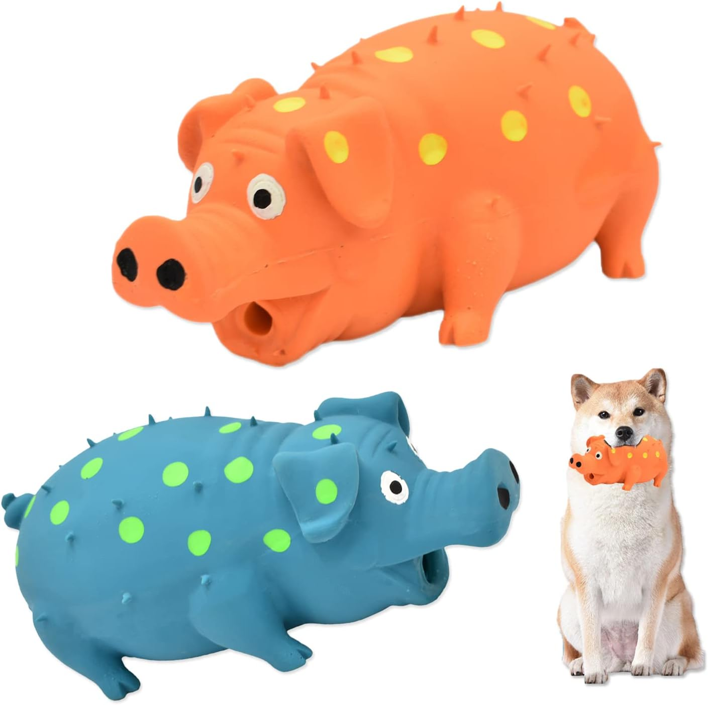 Pig Squeaky Dog Toy, 2 PCS Interactive Rubber Chew Toy - Durable Latex Spot Grunting Toys That Oink for Small Medium Large Dogs (Orange, Blue)