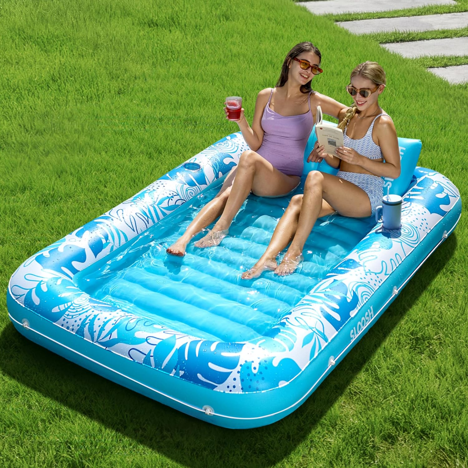 SLOOSH Inflatable Tanning Pool Lounger Float, 70" X 46" Pool Floats Adult with Pillow, 4 in 1 Suntan Tub Raft Floatie,Sunbathing Bed Lounge for Water Blow up Kids Ball Pit Party Gifts, L-Champagne