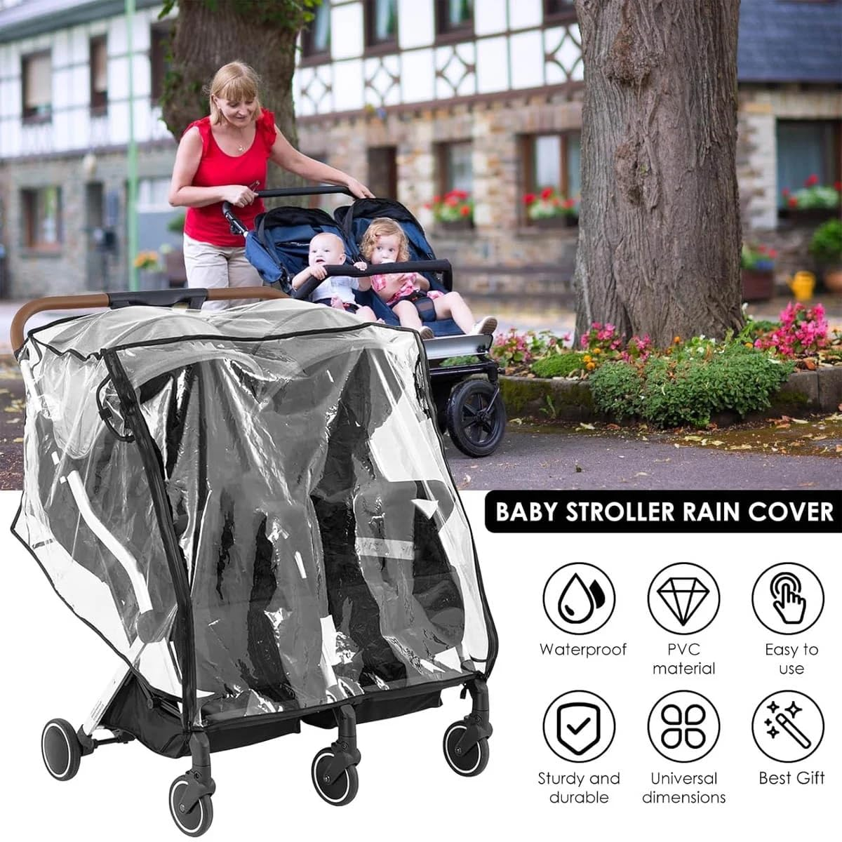 AIMALL Twin Baby Stroller Rain Cover - Universal Double Stroller Windshield & Rainproof Cover with Front Window, Ventilation, and Storage Pockets image number 6