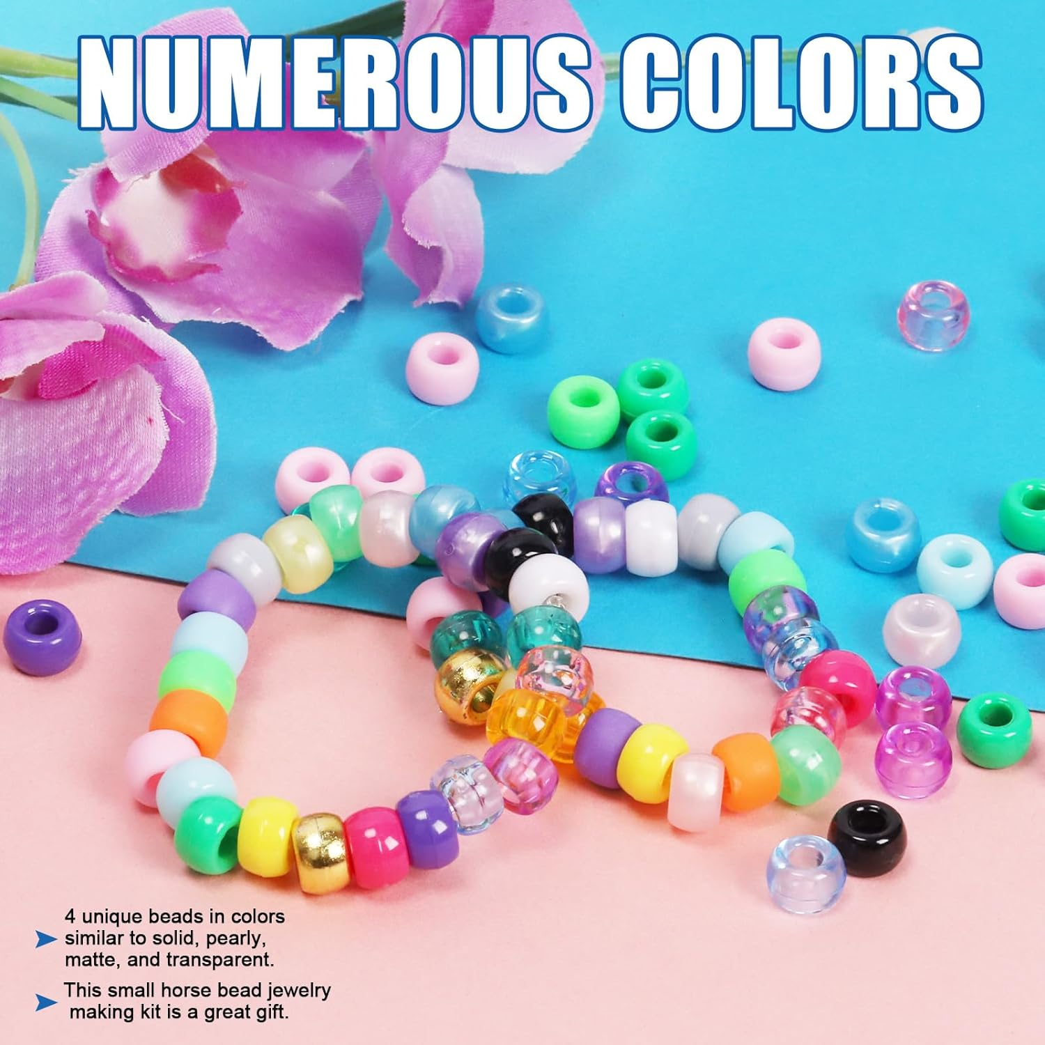 Glarks 1254Pcs 24 Color Pony Beads Kit with Elastic String, Rubber Band, Quick Beader and Scissors - Solid Pearlescent Transparent Matte Rainbow Hair Beads for Braids Bracelet Making Craft image number 2