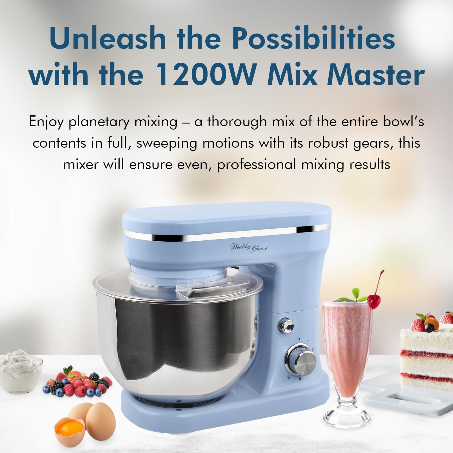 Healthy Choice 400W Stand Mixer with 5L Bowl Capacity, Powerful Kitchen Mixer for Baking, Mixing and Dough Kneading, Includes Multiple Attachments - Blue image number 3