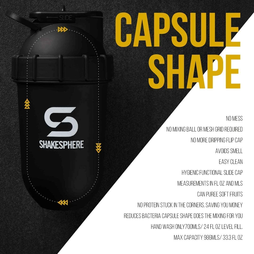 Shakesphere Protein Shaker Bottle, 24Oz Capsule Shape Mixing Easy Clean up No Blending Ball or Whisk Needed BPA Free Mix & Drink Shakes, Smoothies, More (Matte Black -Black Logo) image number 5