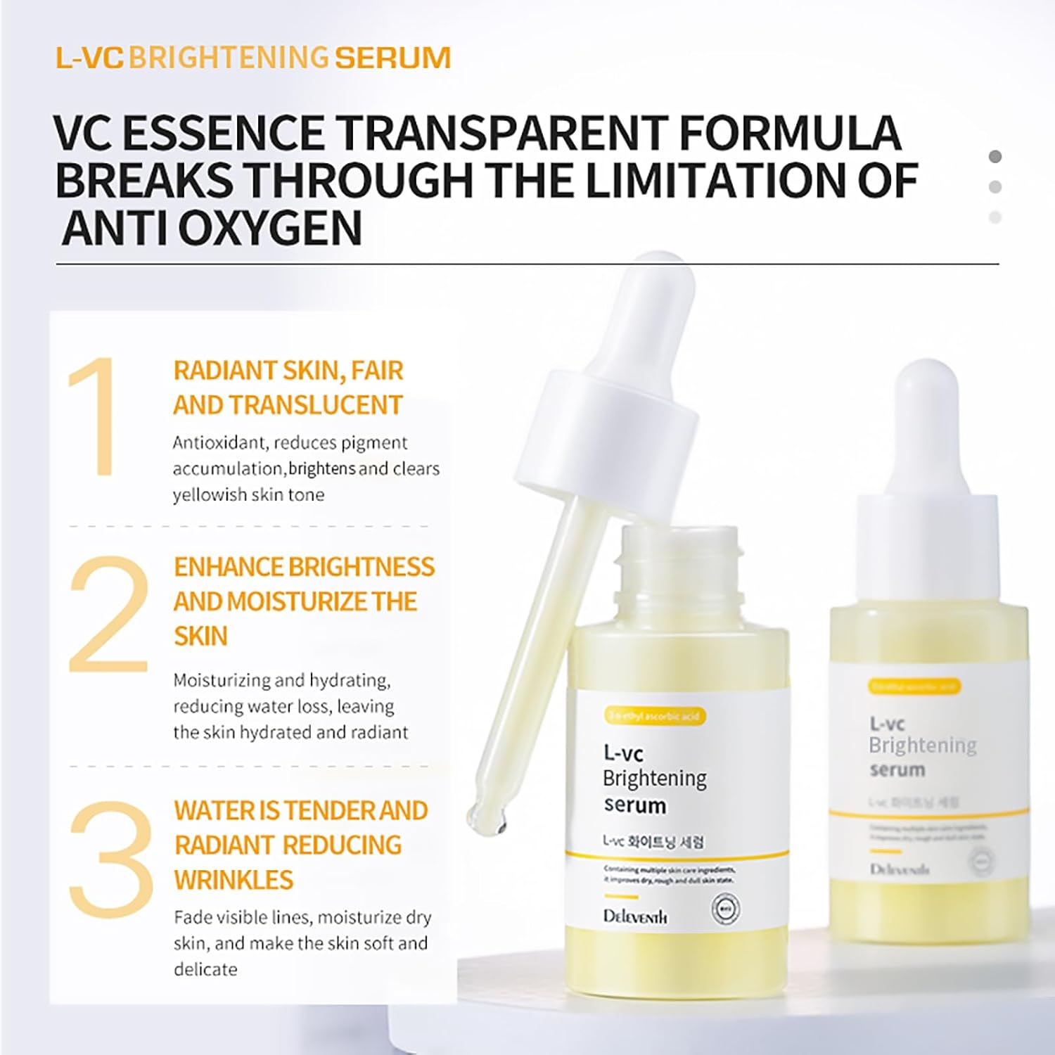 Deleventh Korean Brand Vitamin C Brightening Face Serum 37Ml / with 3-O-Ethyl Ascorbic Acid, Niacinamide and &Alpha;-Arbutin, Reduce Dark Spots and Fine Lines, Enhance Elasticity, Hydrate, and Protect Skin image number 2