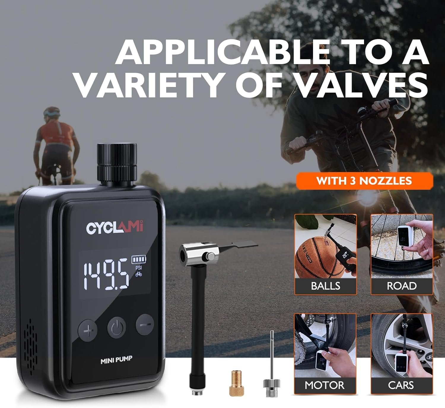 Electric Bike Pump, CYCLAMI Mini Bike Pump 150 PSI Electric Bicycle Air Pump with Digital Pressure Gauge Inflator Portable Air Compressor Presta/Schrader Valve