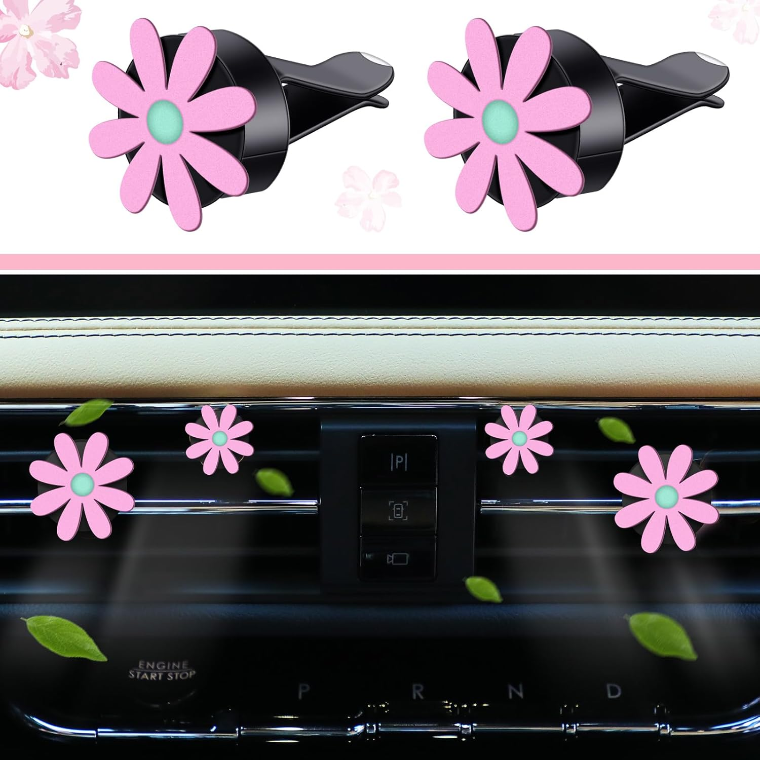 Frienda 10 Pcs Leather Steering Wheel Cover Set for Women 14.5-15 Inch Car Accessories with Seat Belt Shoulder Pad Seatbelt Cover Cup Holder Start Button Ring Sticker Air Vent Clip(Pink) - Pink image number 3