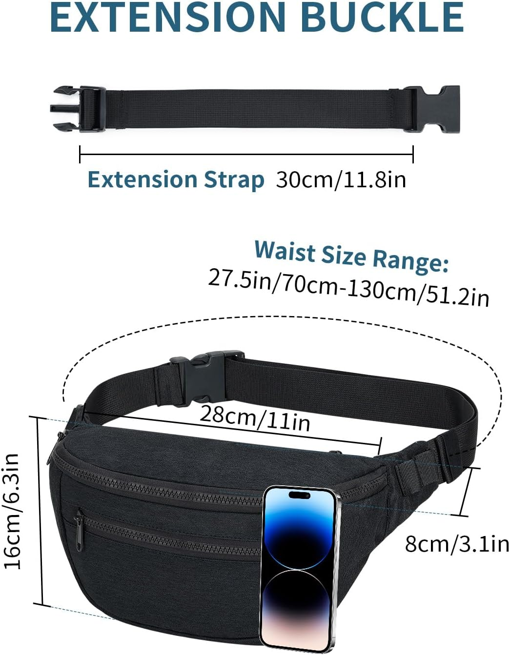 Fanny Pack for Women Men,Waist Bag Pack with Extra Extension Belt, Water Resistant Fashion Crossbody Belt Bags for Travel Walking Running Hiking, Pink Patent Pending, Black image number 3