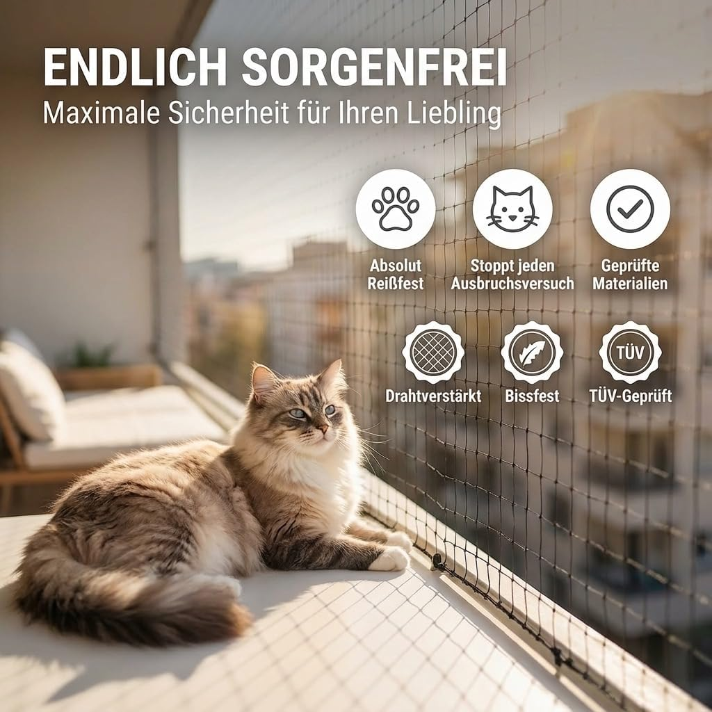Cat Net for Balcony & Window Wire Reinforced | 8 X 3 M | Protective Net No Drilling | Cat Grid Wire-Reinforced | Weatherproof & Bite-Resistant | Mounting Set Included | Cat Protection Net
