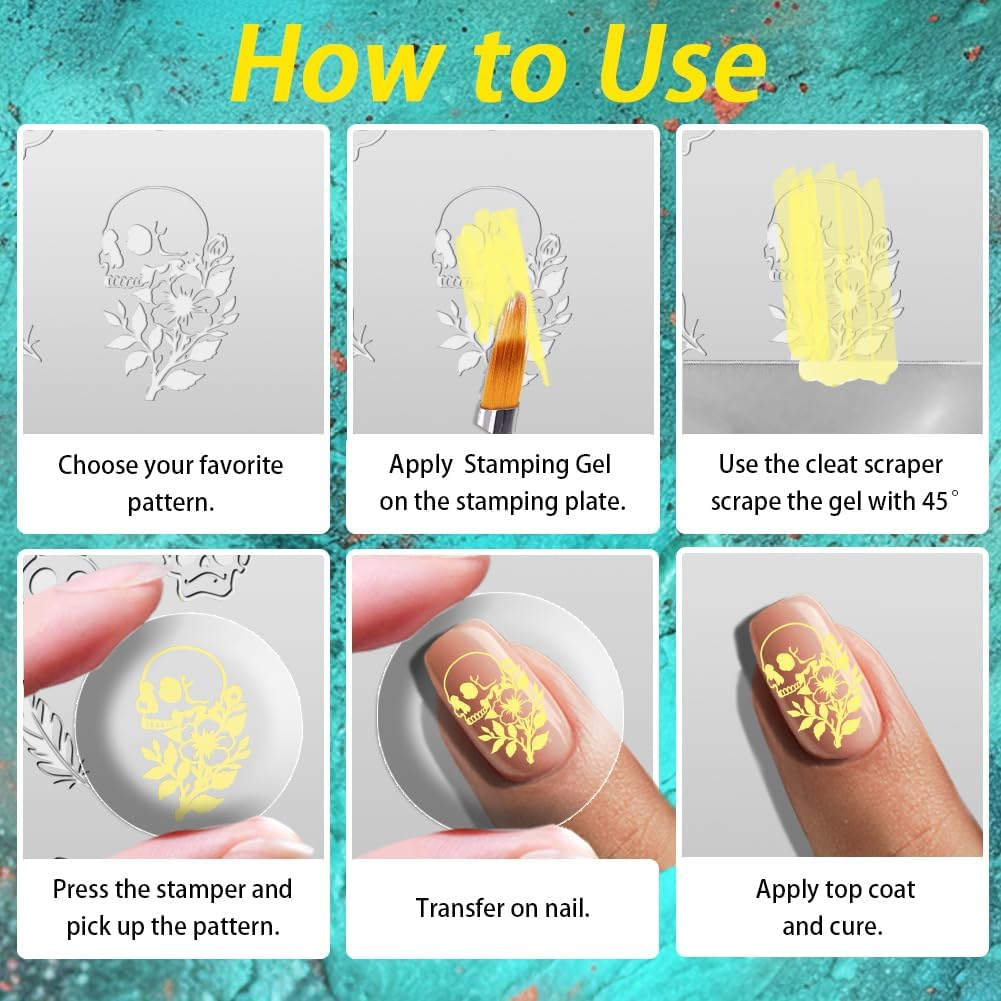 3Pcs Skull Nail Stamping Plate Set Halloween Nail Stamp Templates Skeleton Hands Roses Metal Reusable Tools with Stamper Scraper for Manicure Printing image number 6