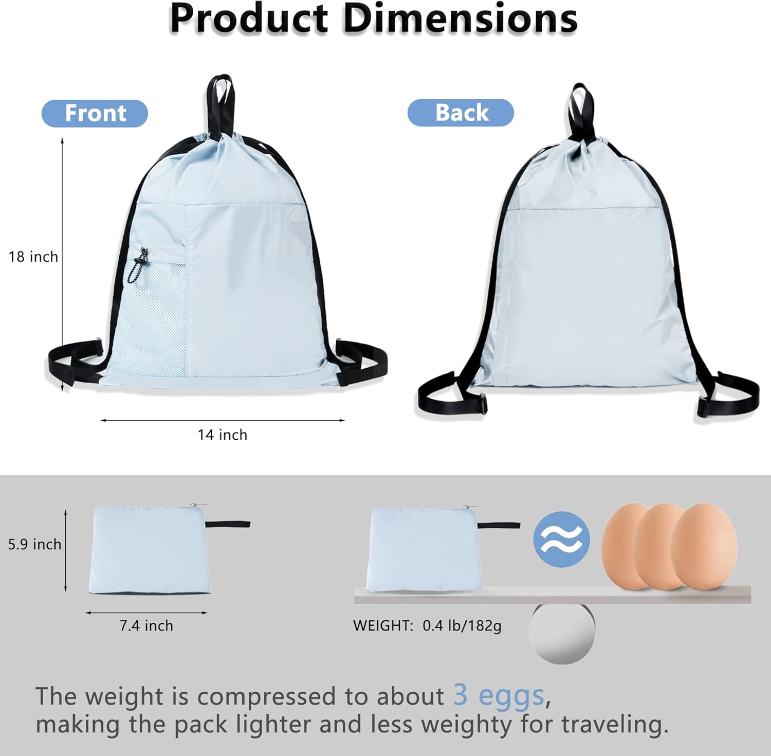 Packable Drawstring Travel Backpack, Hiking Swimming Waterproof Bags - Blue image number 5