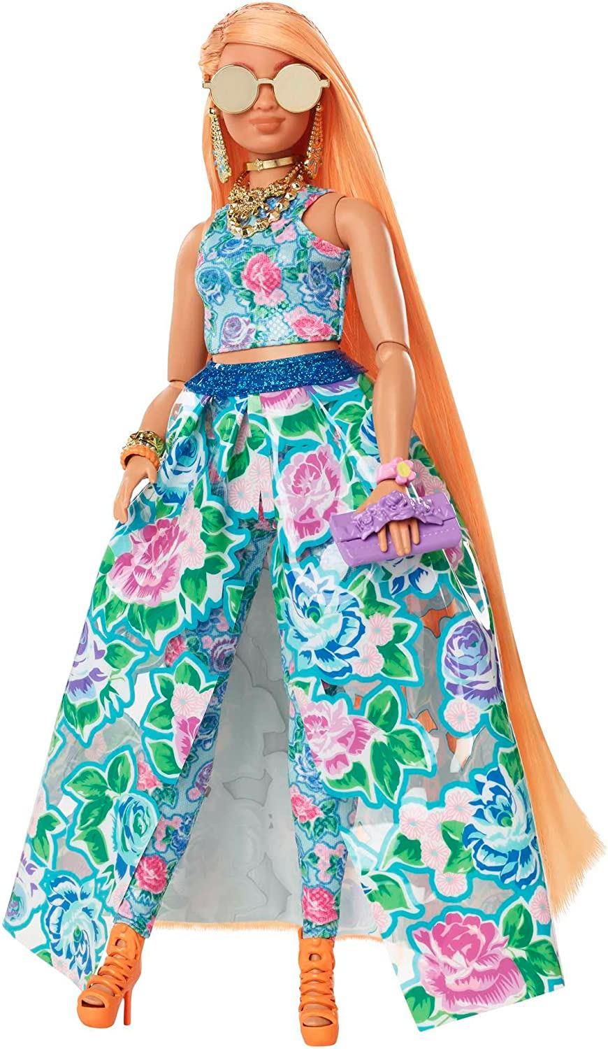 Barbie Extra Fancy Fashion Doll & Accessories with Curvy Shape & Orange Hair in Floral 2-Piece Gown with Pet Kitten image number 1