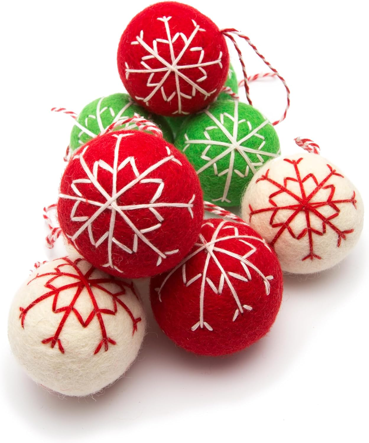 Glaciart One Felt Balls Snowflake Ornaments (9 Pieces) 2 Inch (5 Cm), 100% New Zealand Wool, 3 Colors Hand-Felted in Nepal - Christmas Party Banner Decoration - Scandinavian Wool Snowflake