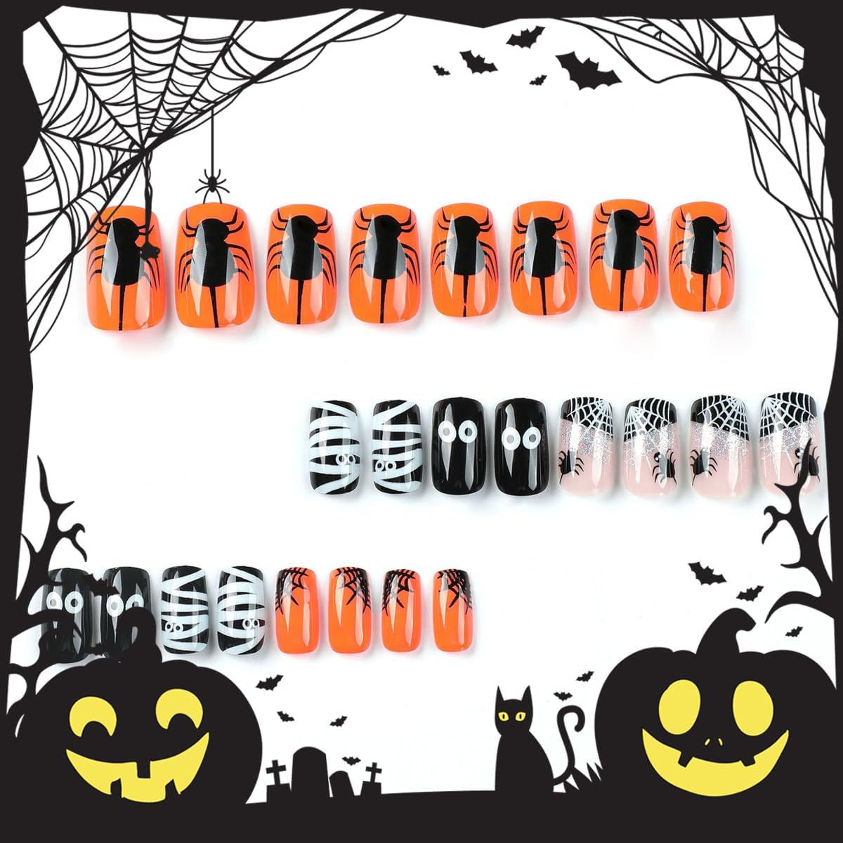 24Pcs Short Square Press on Nails Halloween Cute Fake Nails Black White Spider Web Cartoon Print Glossy Stick on Nails for Women DIY Manicure image number 1