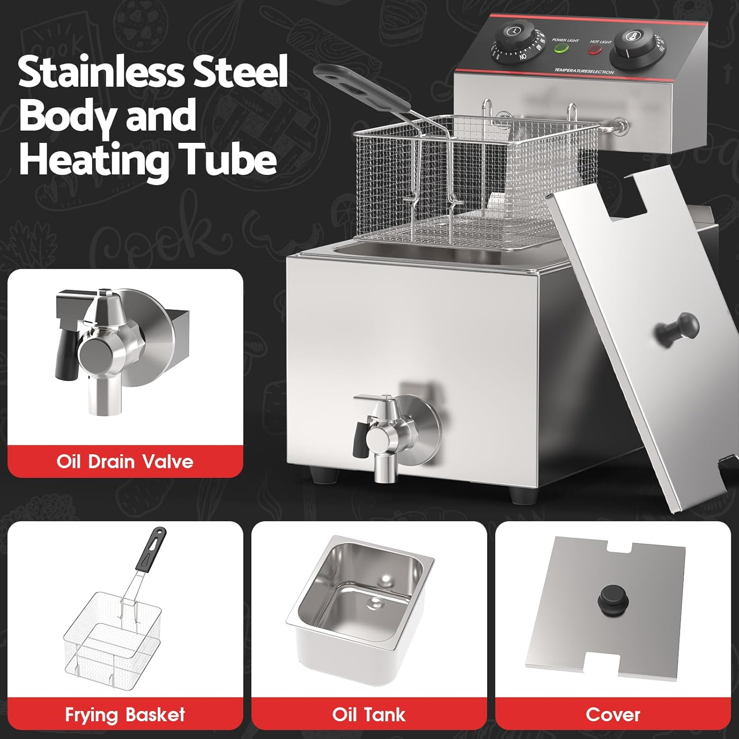 8L Deep Fryer, Electric Immersion Fryer, Countertop Fryers Cooker with Drain Basket Adjustable Temperature & Timer for Home Kitchen Use | 2500W image number 5