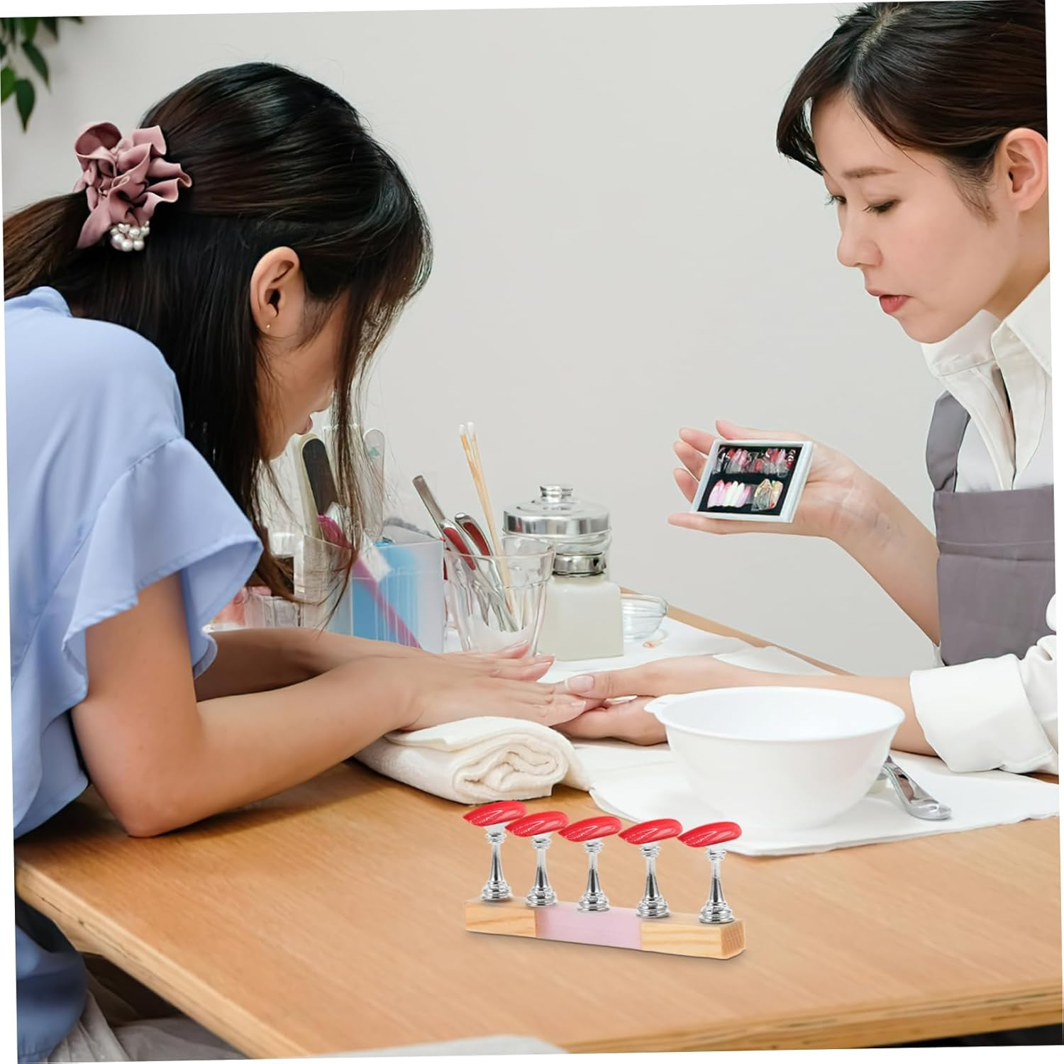 VICASKY Nail Pad Practice for Nail Art Training White Wooden Design Alloy Holder Supplies and Manicure Learning image number 5