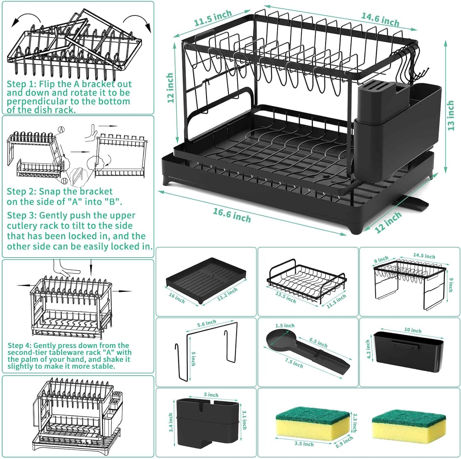 Dish Drying Rack,Dish Rack for Kitchen Counter,2 Tier Large Dish Drying Rack with Drainboard Stainless Steel Dish Drainer with Drainage Utensil Holder for Dish/Knifes/Cup/Cutting Board(14.6*11*12 IN) image number 5