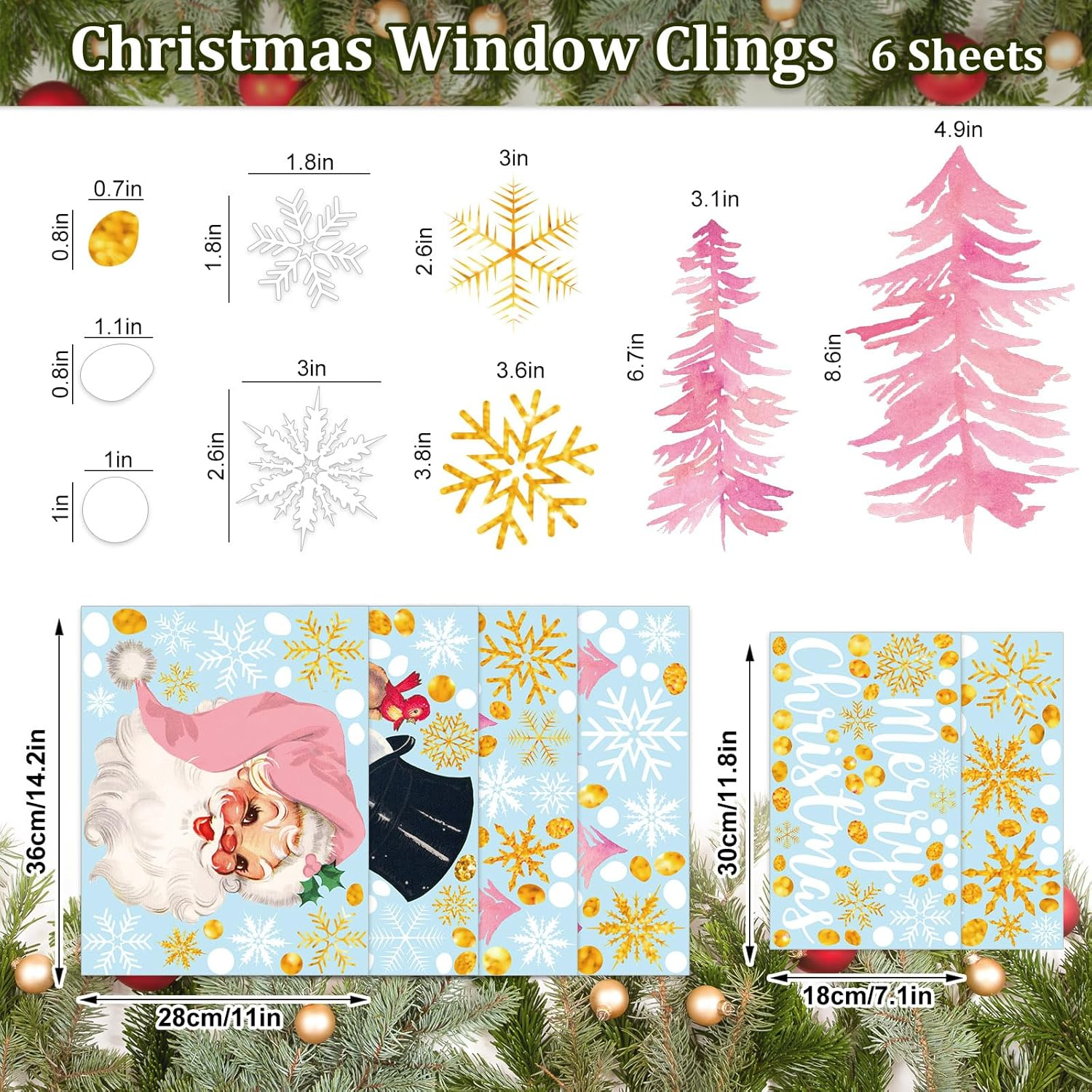 6 Sheets Christmas Window Clings Vintage Xmas Pink-Gold Santa Snowman Window Decals Double-Sided Winter Holiday Glass Decor image number 1