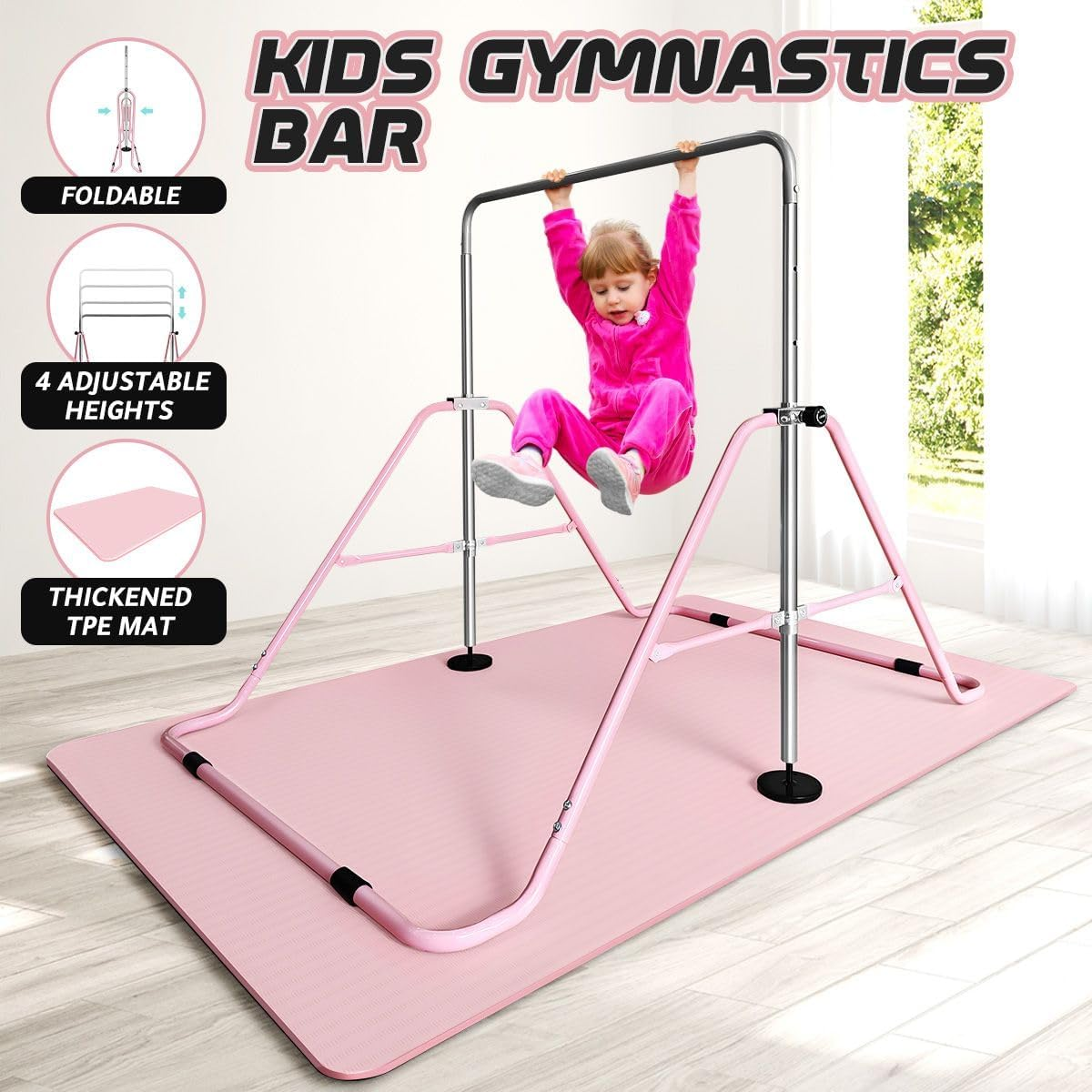 Genki Expandable Gymnastics Bars, Adjustable Height Gymnastic Horizontal Bars,Junior Climbing Frame Training Bar Children Folding Training Monkey Bars for Kids,Pink&hellip; - Pink/Mat image number 3