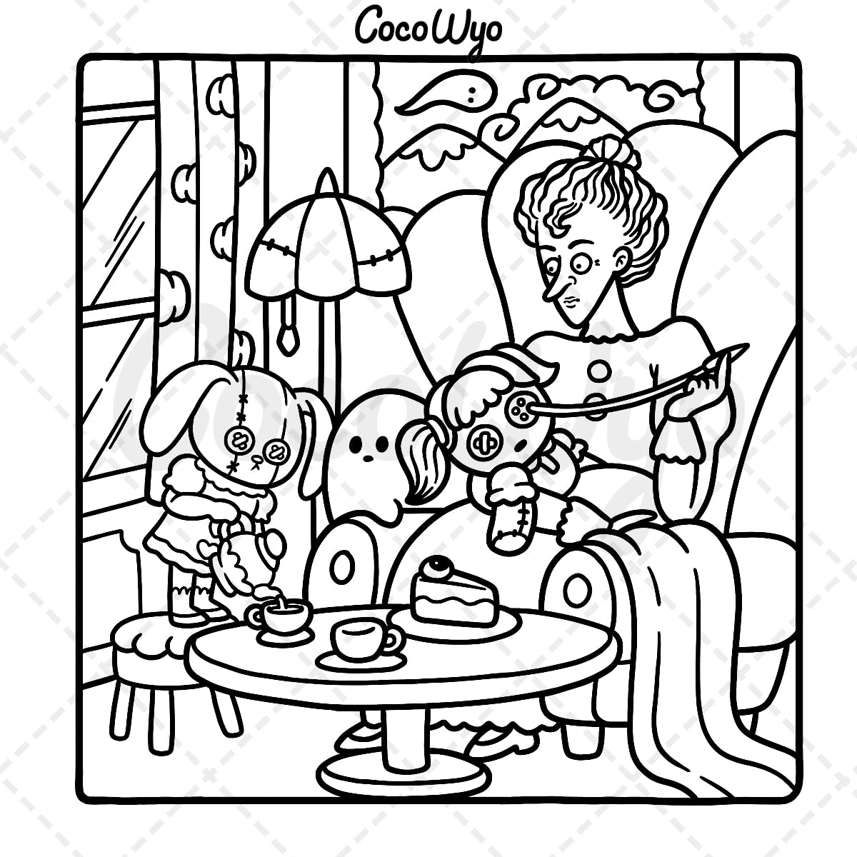Spooky Cutie: Coloring Book for Adults and Teens Featuring Adorable Creepy Creatures in Cozy Hygge Moments for Relaxation image number 4