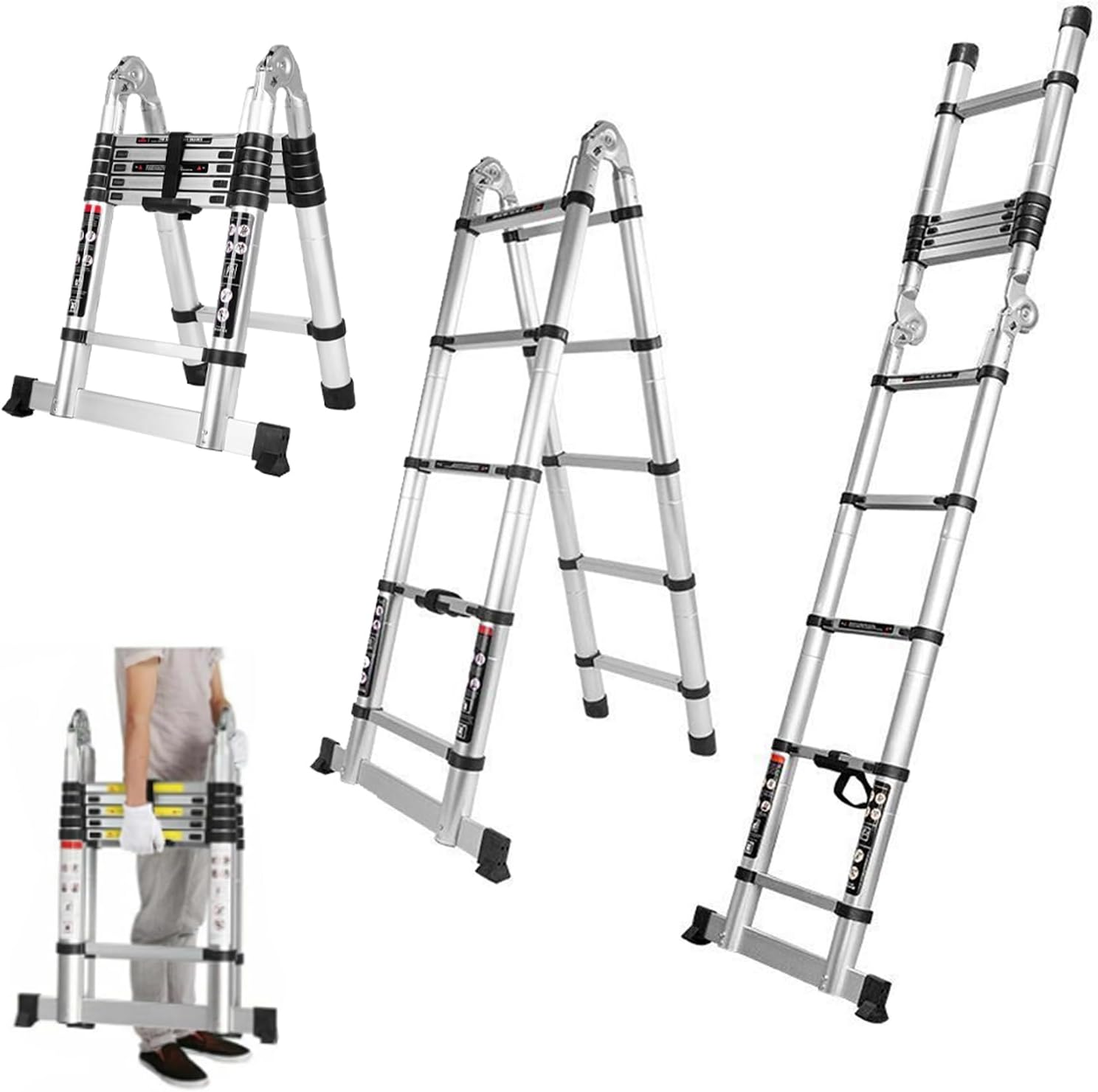 3.2M/3.8M/4.4M/5.0M Multi-Purpose Telescopic Aluminum A-Frame Ladder, 330 Lbs Capacity, Lightweight, Durable, and Compact for Home and Work (4.4M) image number 6