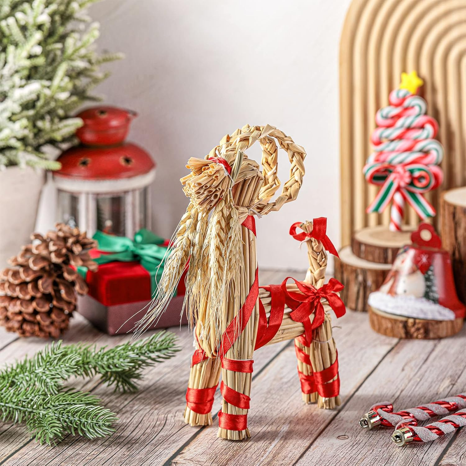 Gerrii Christmas Straw Goat Scandinavian Christmas Straw Ornaments Yule Goat Swedish Tradition Gift for Xmas Home Birthday Party Outdoor Interior Decoration Holiday(7.8 Inch) image number 1
