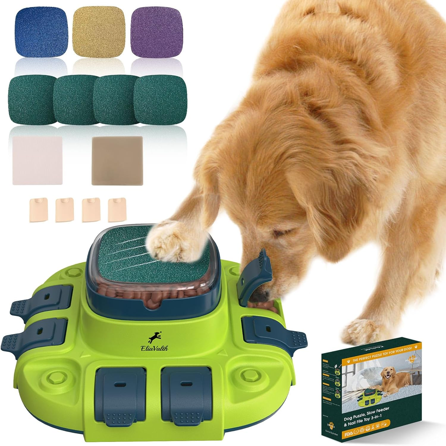 Interactive Dog Toys, Eliavalth Dog Enrichment Toys for Mental Stimulation, 3-In-1 Toys for Dog Puzzle with 2 Levels, Slow Feeder Dog Bowls & Nail File, Scratch Board for Nails, Light Green image number 5