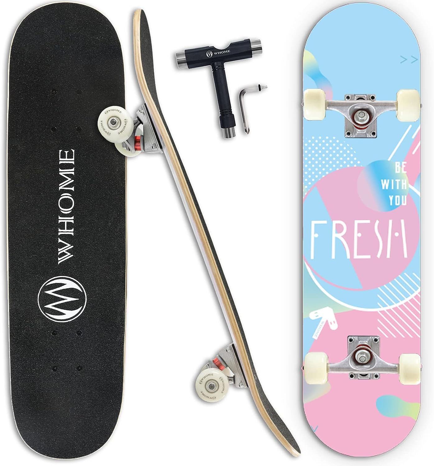 WHOME 31 Inch Double Kick Concave Skateboard Complete Maple Deck PU Wheels ABEC-9 Bearings for Youths Adults Kids Includes T-Tool