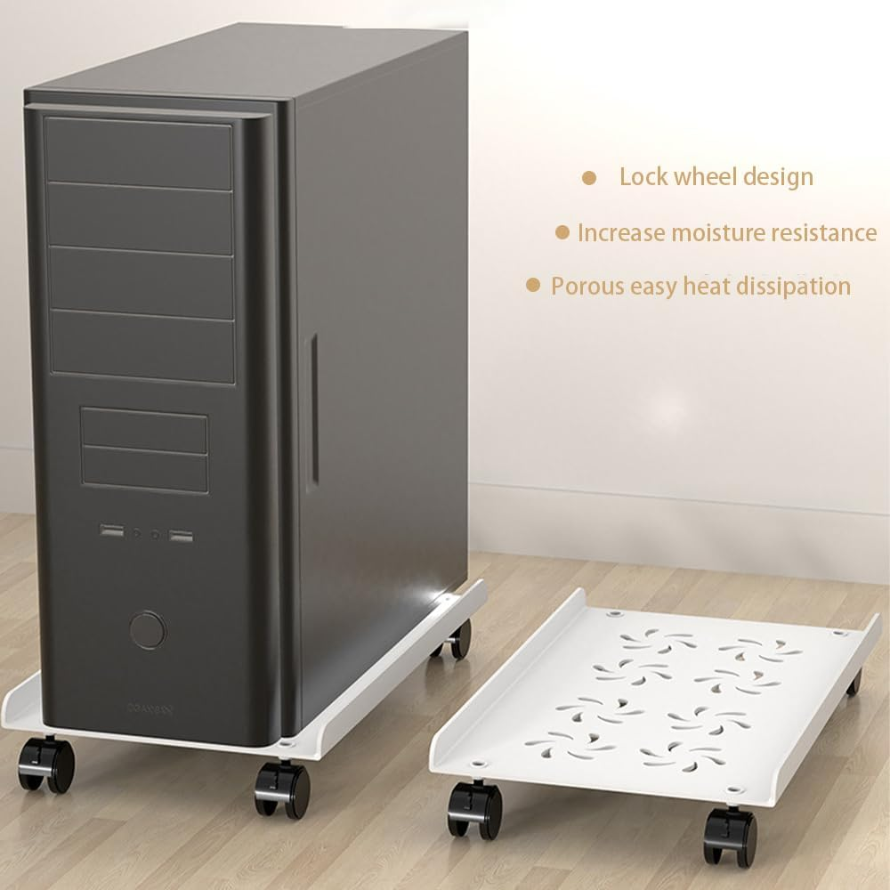 Computer Tower Heavy-Duty CPU Stand Cart with Four Wheels Rolling Monitor Support Mobile PC Holder Desk Accessories (White) image number 2