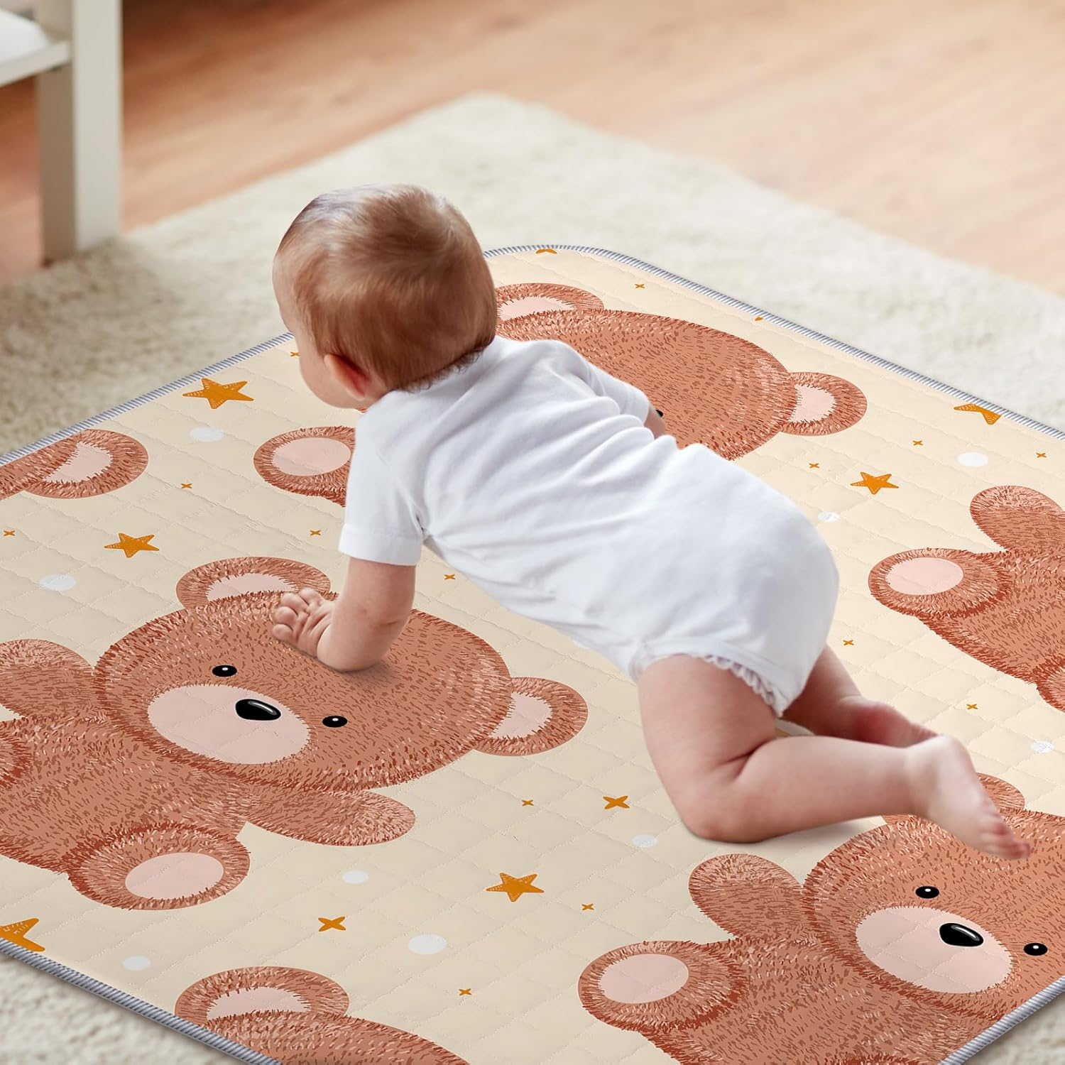 Funtery 43 X 43 Inch Boho Baby Play Mat Portable Crawling Washable Foldable Tummy Time Non Slip Baby Floor Large Playpen Mat for Infants Toddlers Floor Playpen Activity(Bear) image number 6