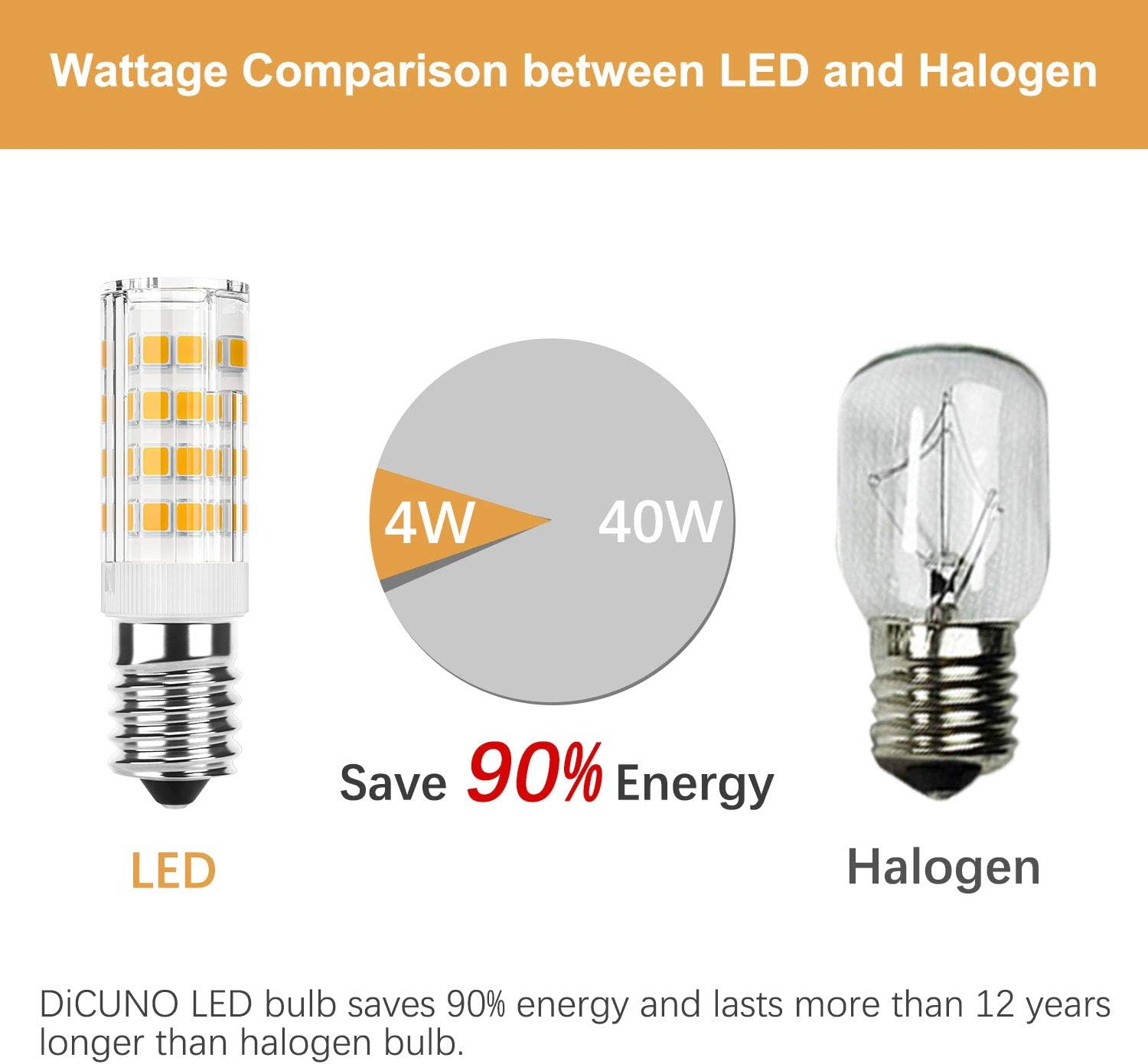 Dicuno E14 LED Light Bulb 4W (40W Halogen Equivalent), Warm White 3000K 400LM, 220V, Non-Dimmable, Small Edison Screw Bulb for Fridge/Cooker Hood, 2-Pack image number 3