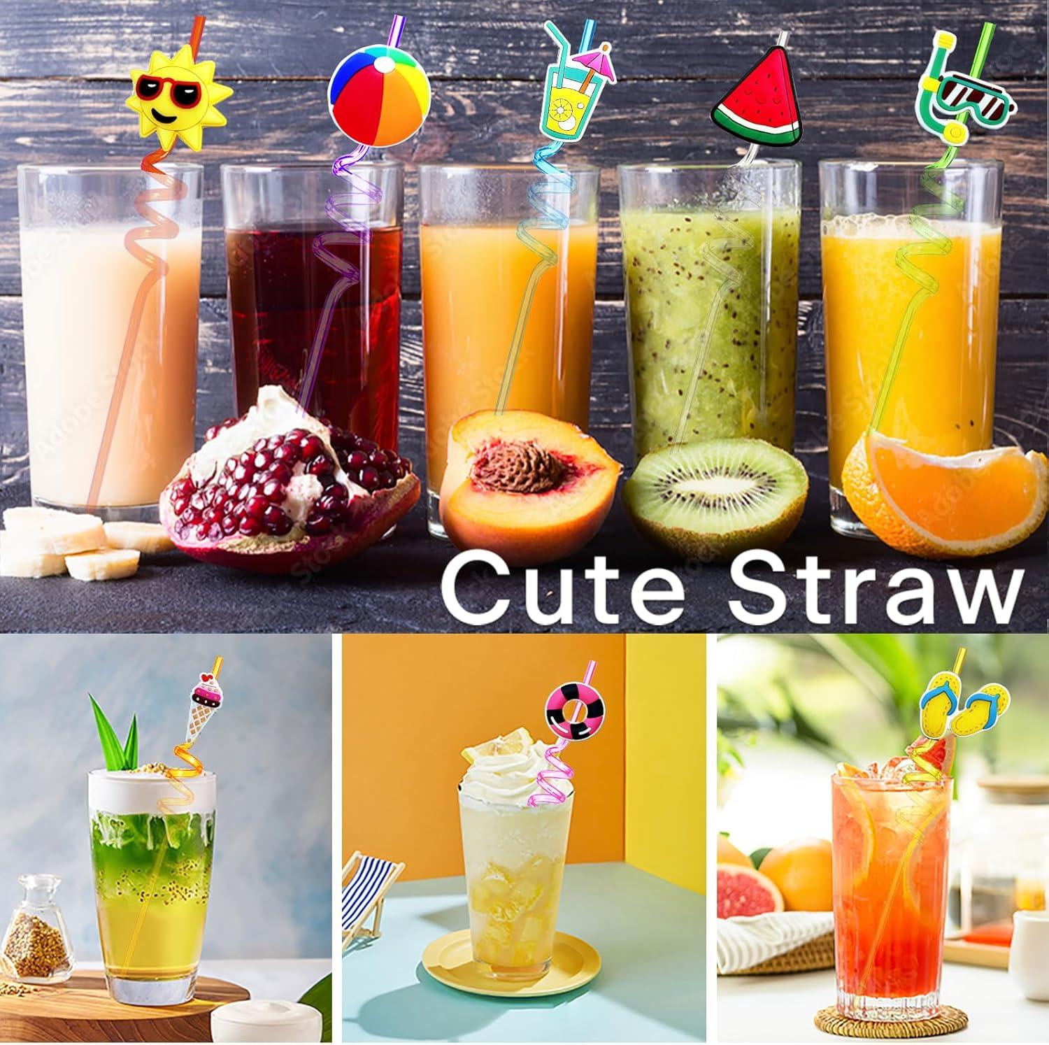 24 Summer Pool Drinking Straws for Kids, Pool Party Decorations Supplies, Pool Party Favors for Kids Birthday, Crazy Silly Straws for Beach Theme Party Decorations (Summer Pool) image number 1