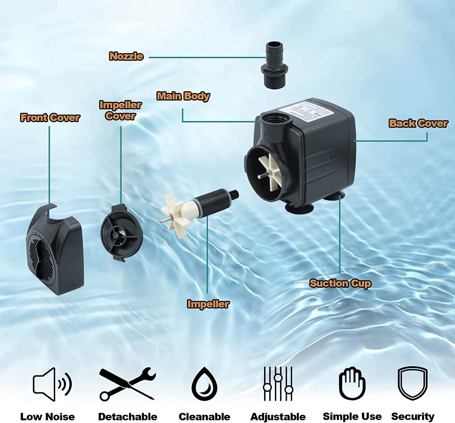 Submersible Pump, 45W Ultra Quiet Water Pump Small Submersible Pump for Fish Tank, 2500L/H Pond,Aquarium, Fountain, Statuary, Hydroponics